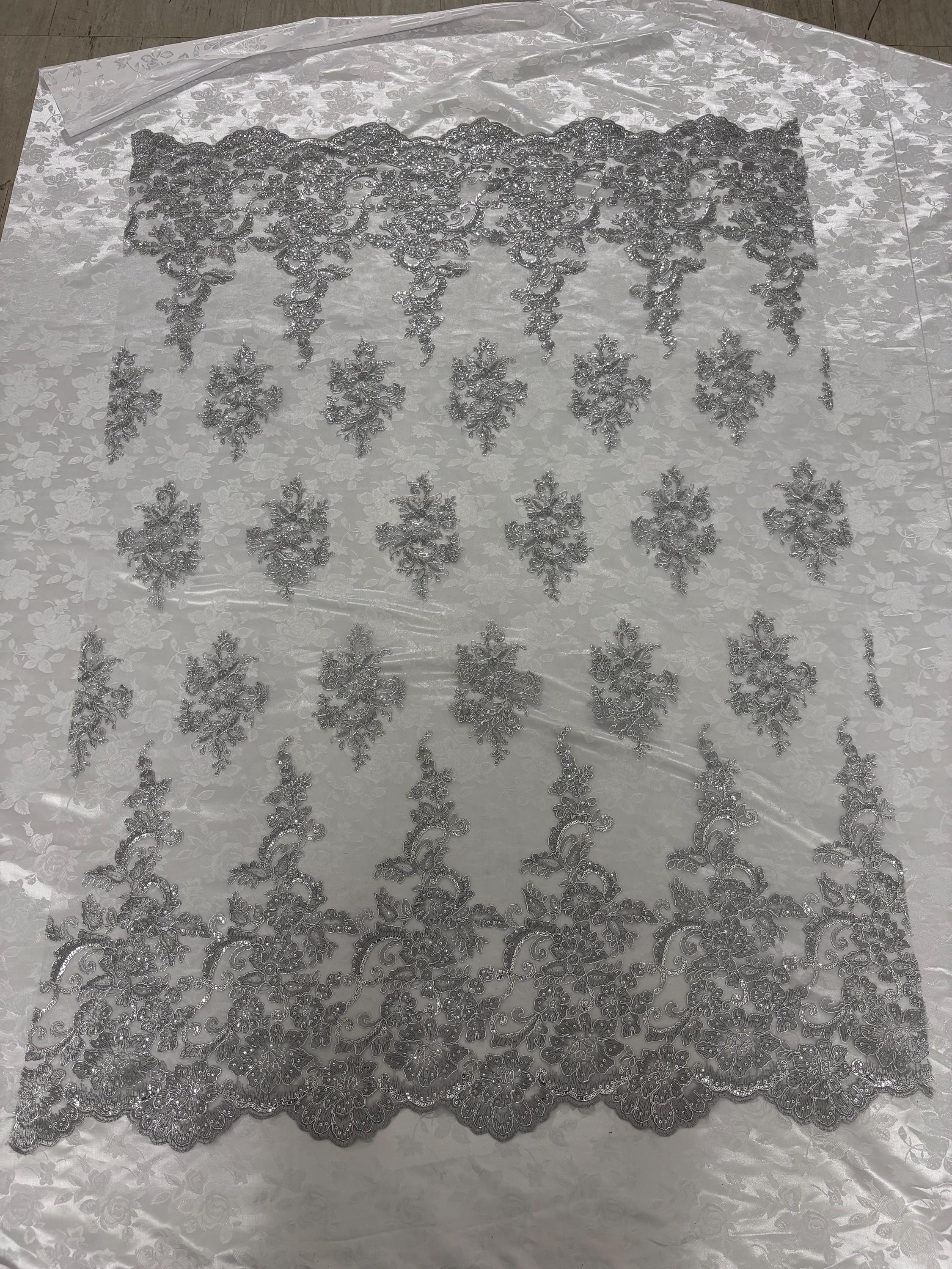 Lace Design#US50 color grey width 49/50 inches, Double scalloped Sequence Embroidery. 49/50". free sample.