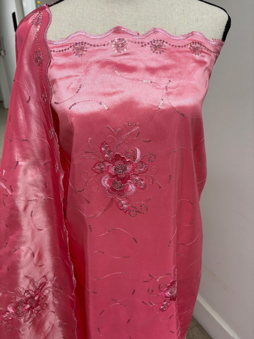 A 2 yards Embroidery sequins Taffeta Fabric Design Bouquet, color Light Fuchsia width 54". sell by 2 yards increment continues.