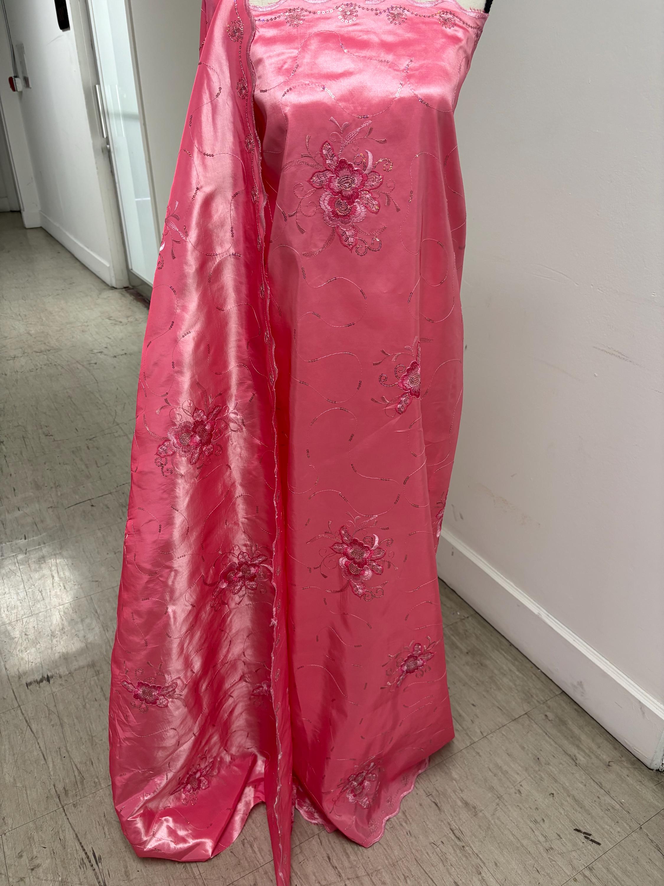A 2 yards Embroidery sequins Taffeta Fabric Design Bouquet, color Light Fuchsia width 54". sell by 2 yards increment continues.