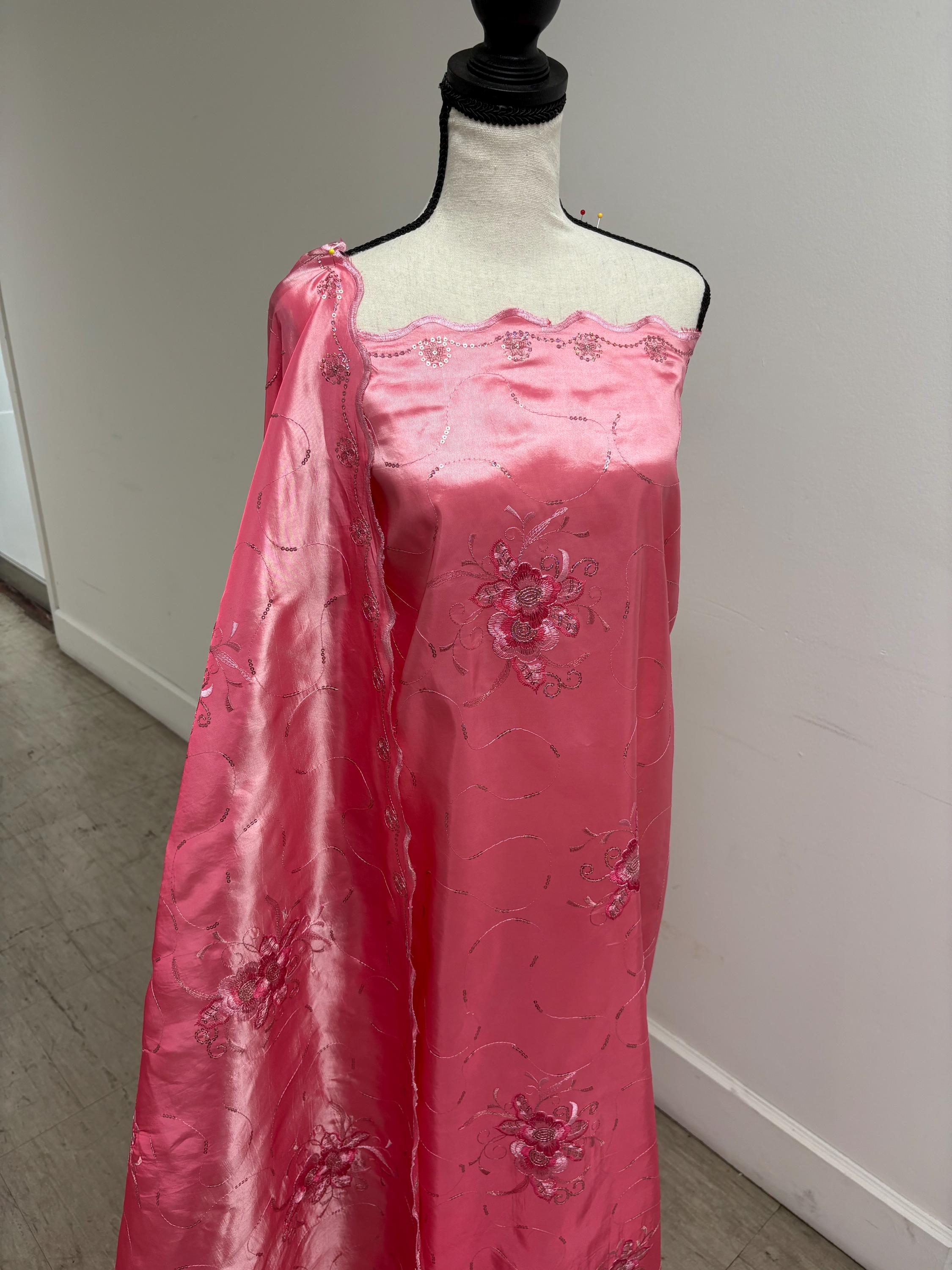 A 2 yards Embroidery sequins Taffeta Fabric Design Bouquet, color Light Fuchsia width 54". sell by 2 yards increment continues.