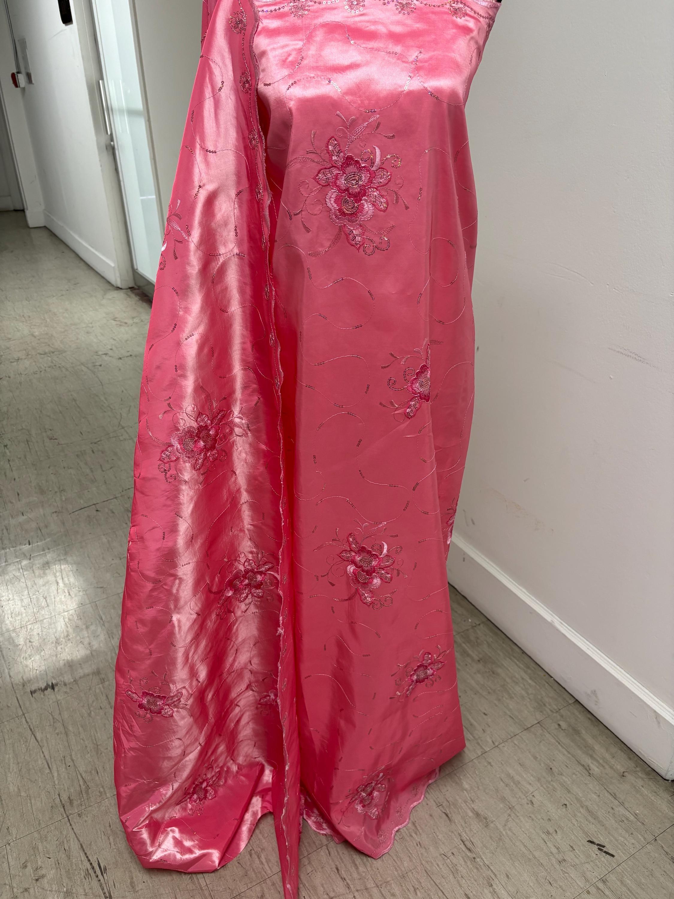 A 2 yards Embroidery sequins Taffeta Fabric Design Bouquet, color Light Fuchsia width 54". sell by 2 yards increment continues.