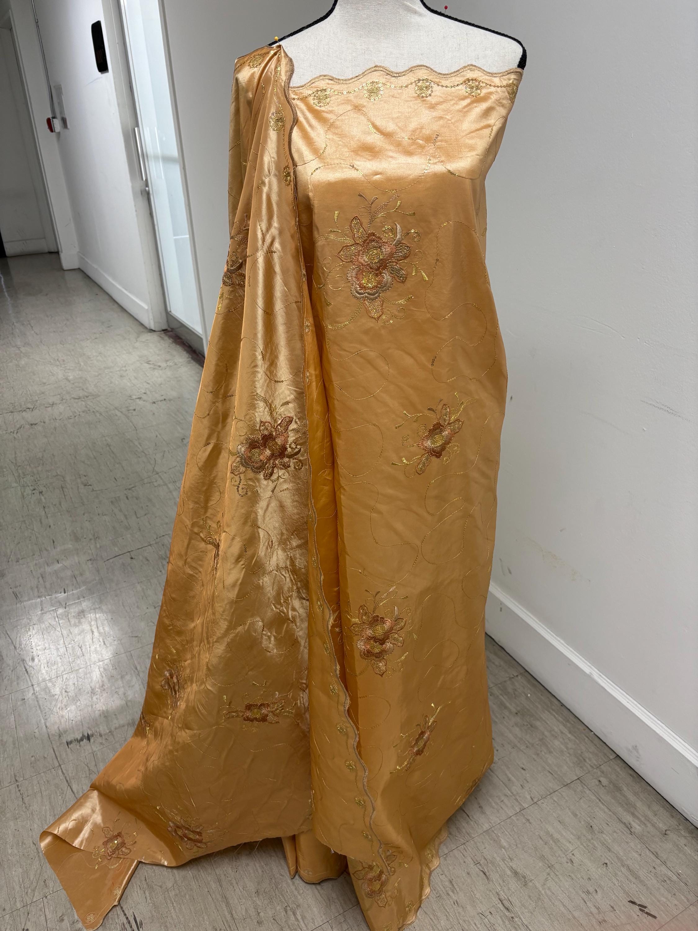 Embroidery sequins Taffeta Fabric Design Bouquet , A Two yards cut fabric color Gold width 54". sell by 2 yards increment continues.