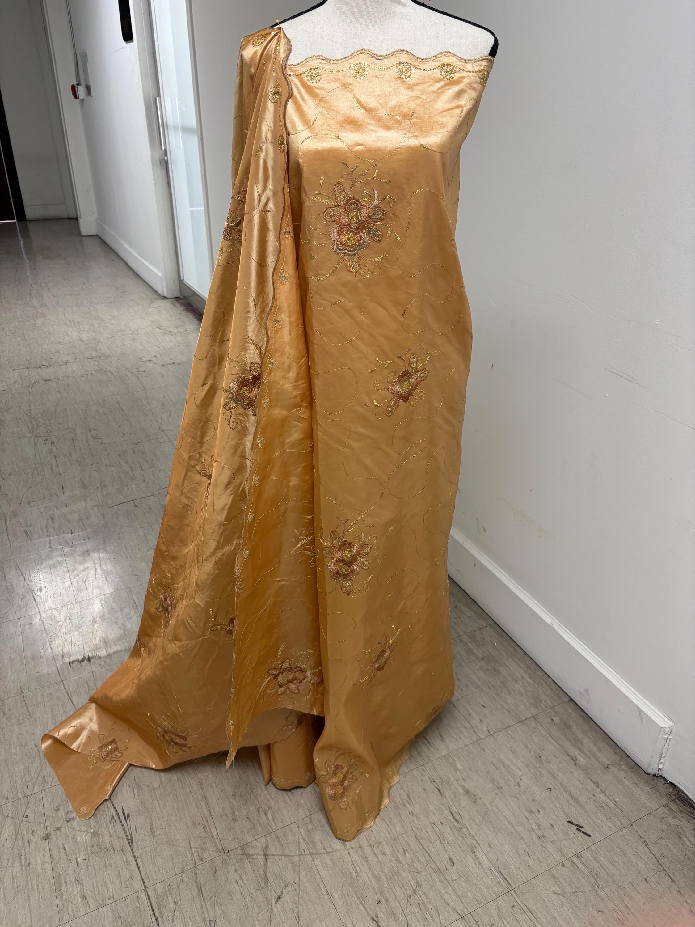 Embroidery sequins Taffeta Fabric Design Bouquet , A Two yards cut fabric color Gold width 54". sell by 2 yards increment continues.