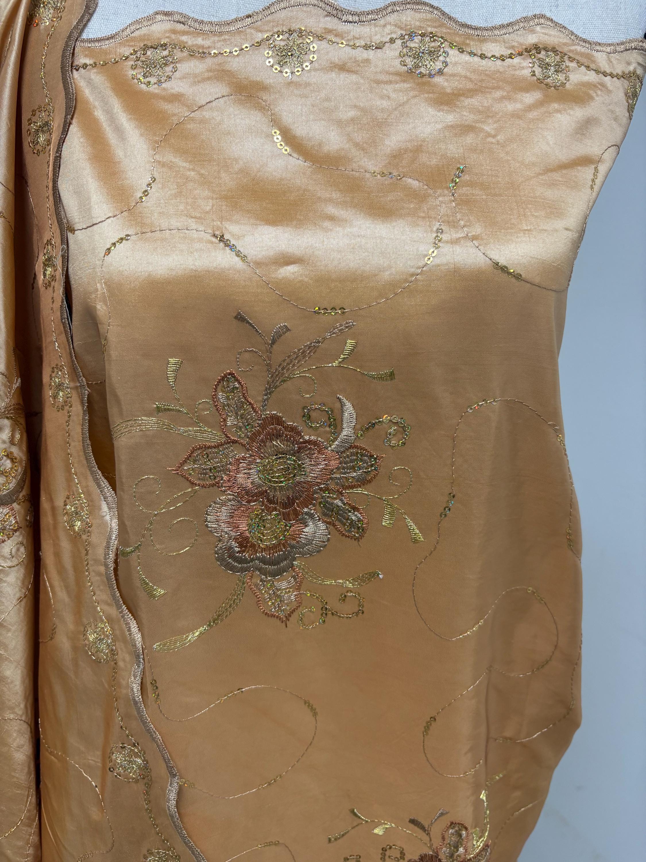 Embroidery sequins Taffeta Fabric Design Bouquet , A Two yards cut fabric color Gold width 54". sell by 2 yards increment continues.
