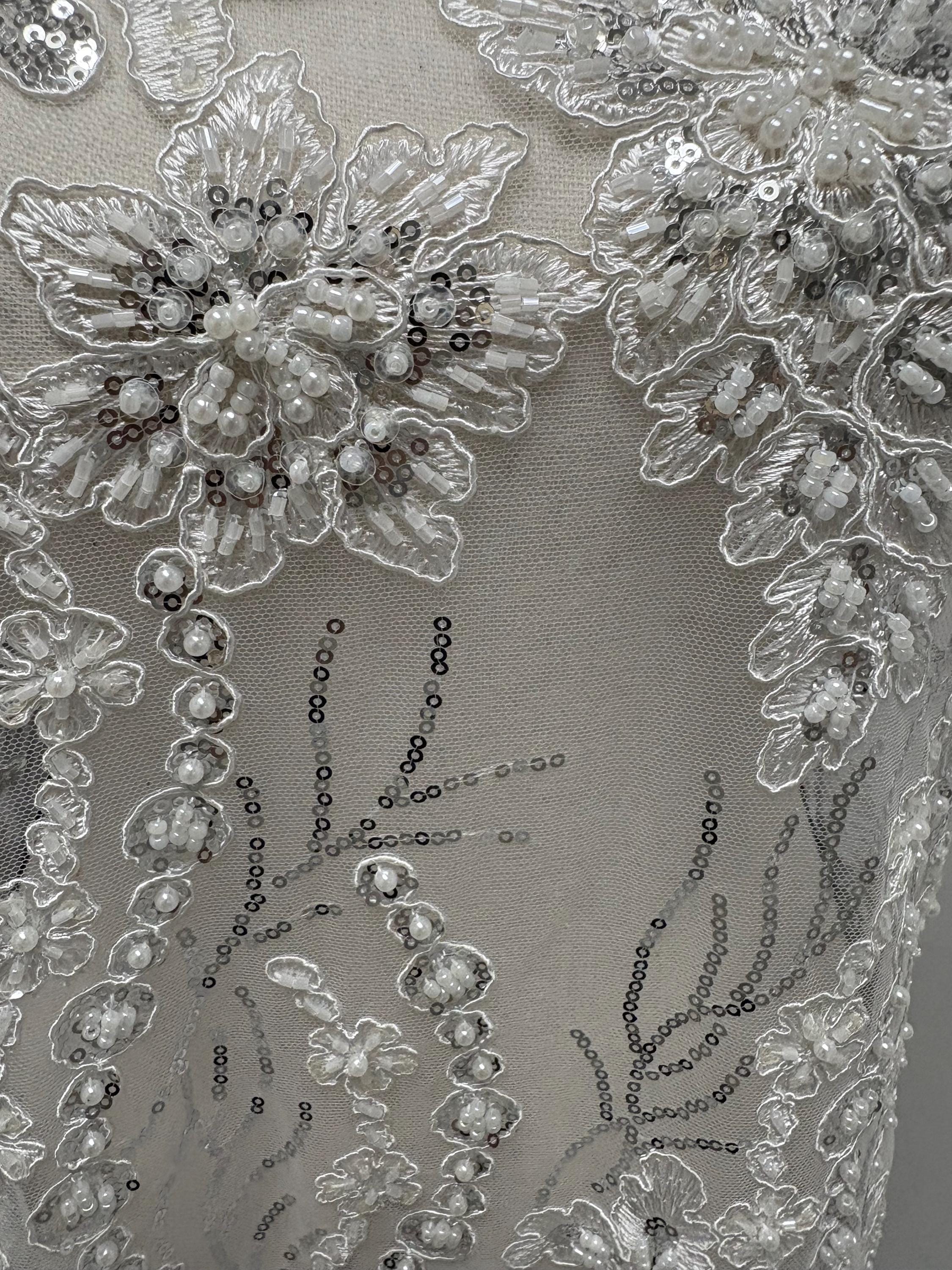 White Beaded lace, Double scalloped Sequence Beaded Embroidery width 49/50" design MH-1802. free sample. tela de encaje de color blanco
