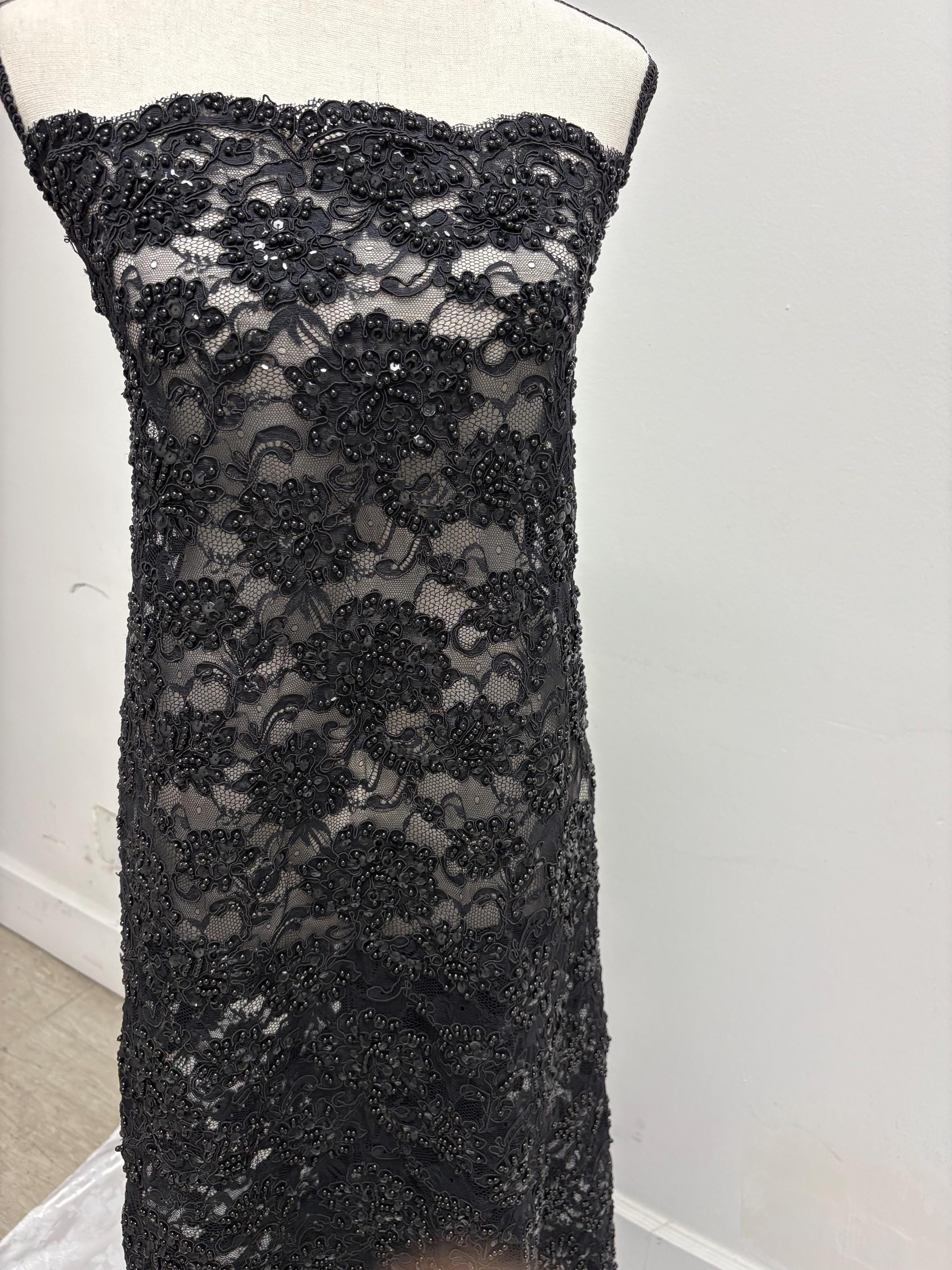Black Beaded lace, Double scalloped Sequence Beaded Embroidery width 49/50" design# Beaded Lace. free sample.