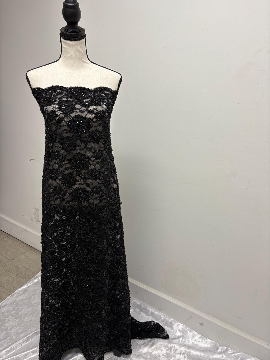 Black Beaded lace, Double scalloped Sequence Beaded Embroidery width 49/50" design# Beaded Lace. free sample.
