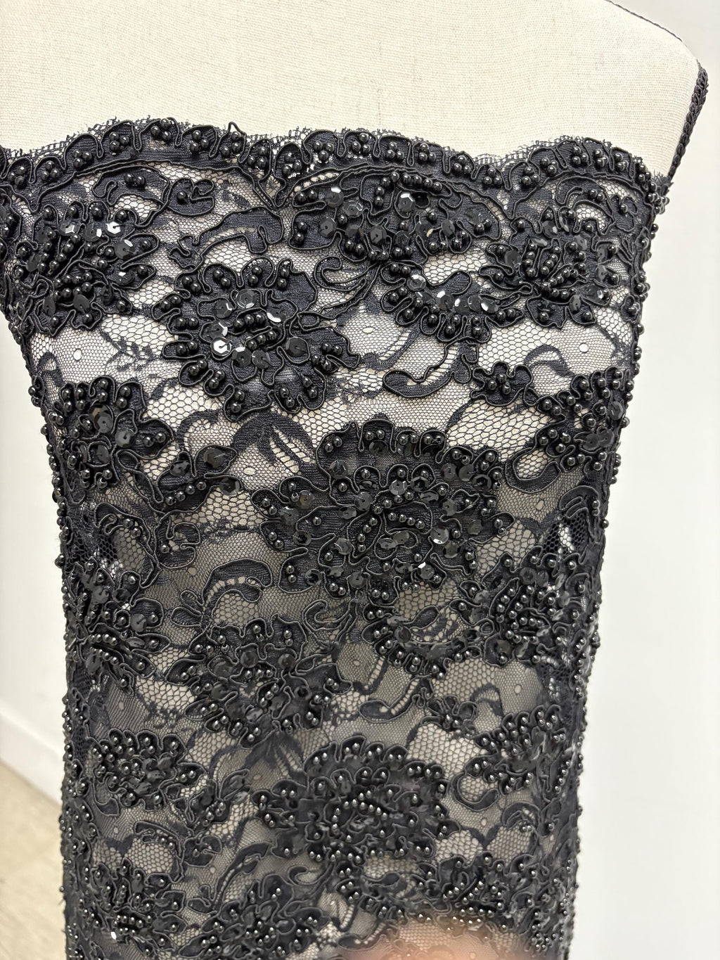 Black Beaded lace, Double scalloped Sequence Beaded Embroidery width 49/50" design# Beaded Lace. free sample.