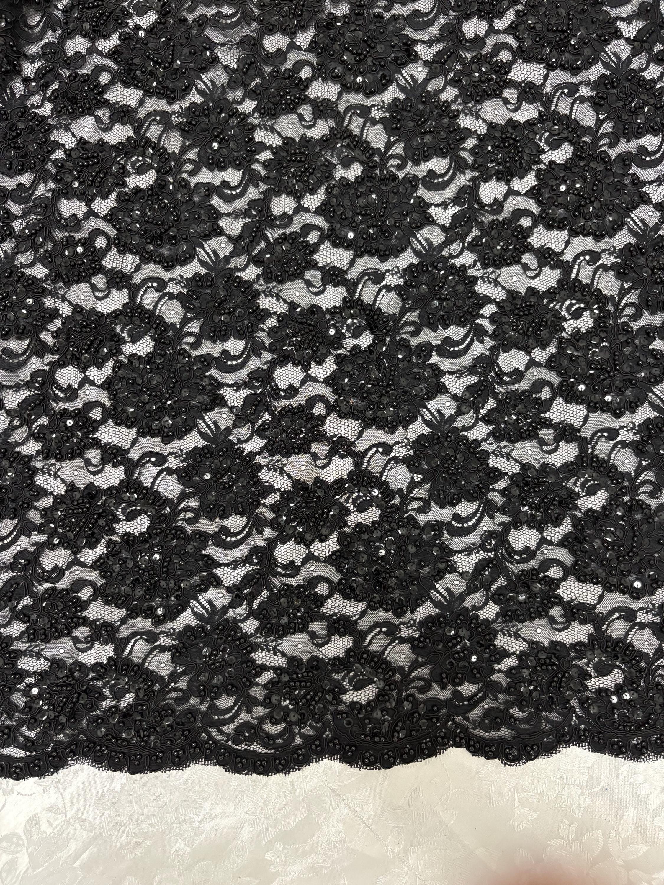 Black Beaded lace, Double scalloped Sequence Beaded Embroidery width 49/50" design# Beaded Lace. free sample.