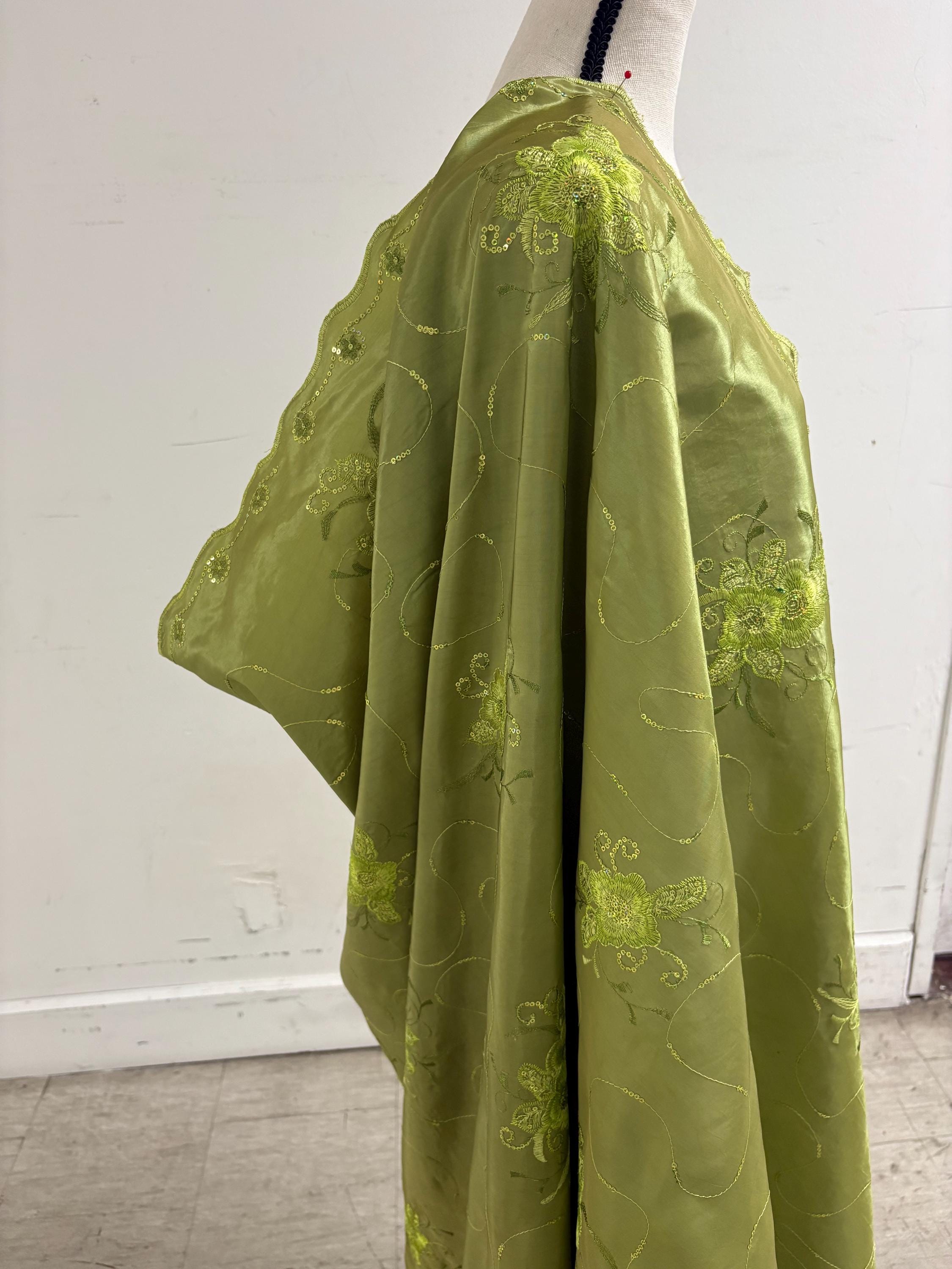 A 2 yards Embroidery sequins Taffeta Fabric Design Bouquet, color Olive width 54". sell by 2 yards increment continues.