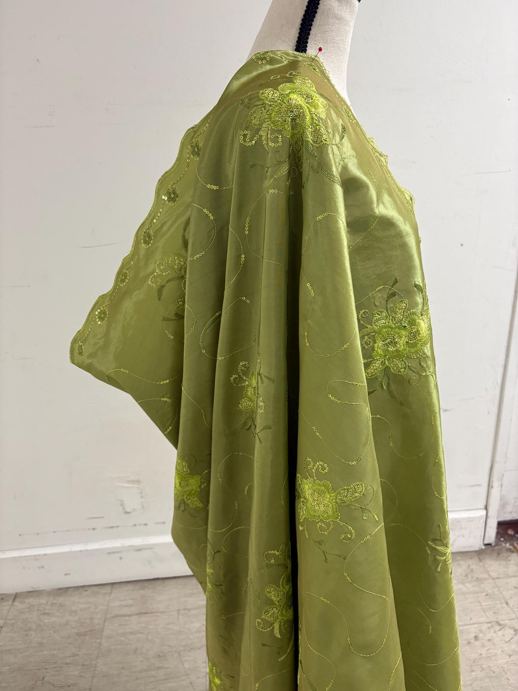 A 2 yards Embroidery sequins Taffeta Fabric Design Bouquet, color Olive width 54". sell by 2 yards increment continues.