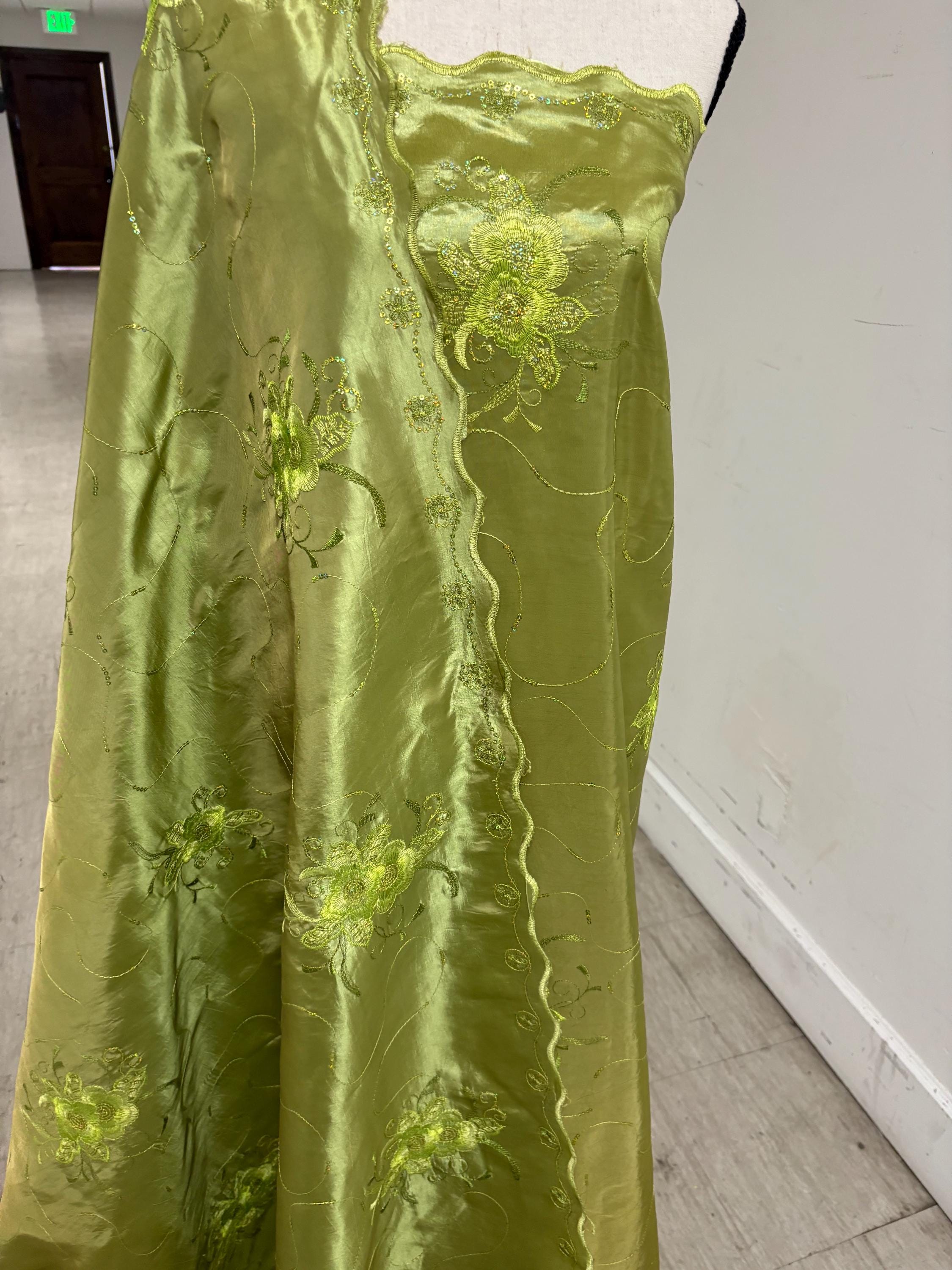 A 2 yards Embroidery sequins Taffeta Fabric Design Bouquet, color Olive width 54". sell by 2 yards increment continues.