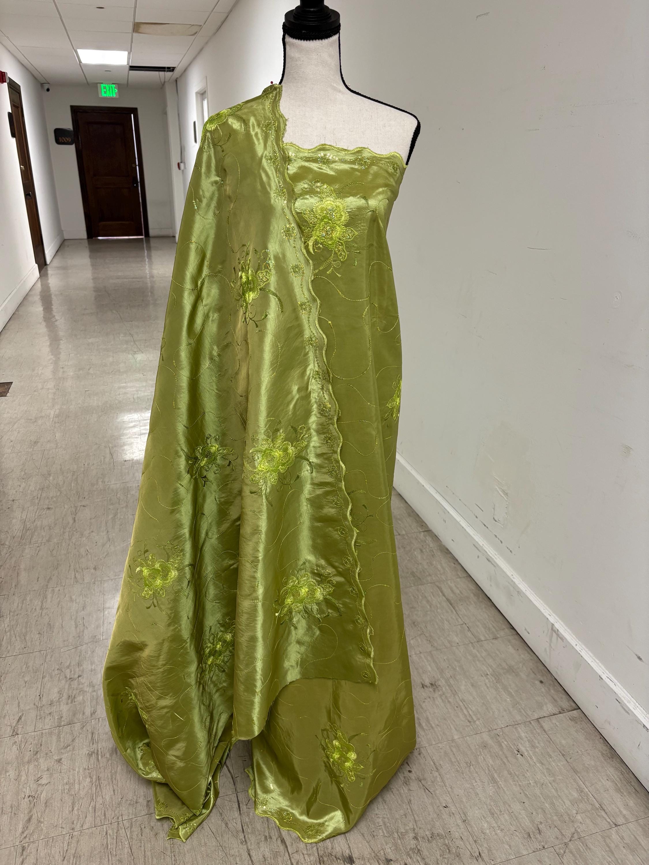 A 2 yards Embroidery sequins Taffeta Fabric Design Bouquet, color Olive width 54". sell by 2 yards increment continues.