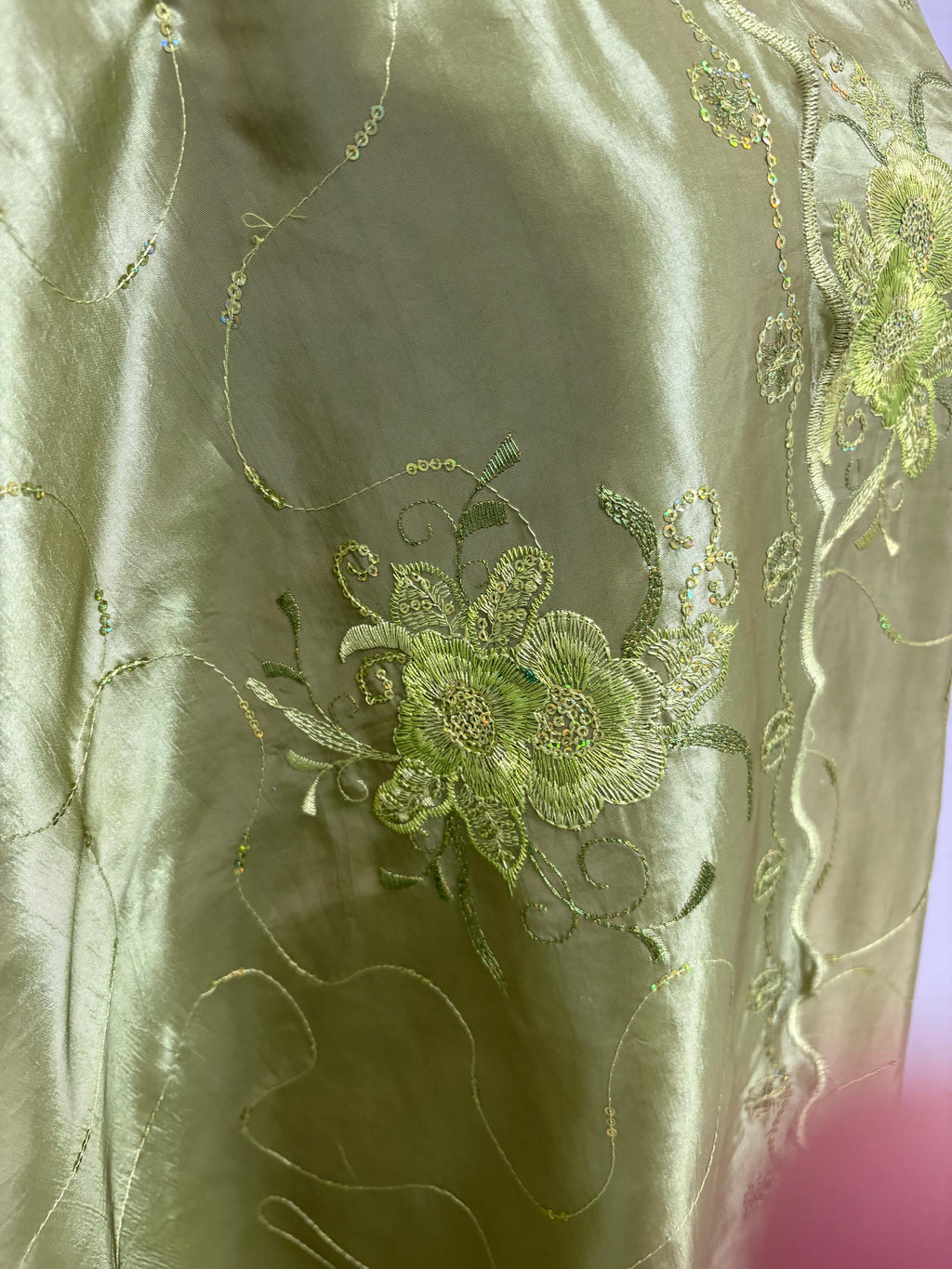 A 2 yards Embroidery sequins Taffeta Fabric Design Bouquet, color Olive width 54". sell by 2 yards increment continues.