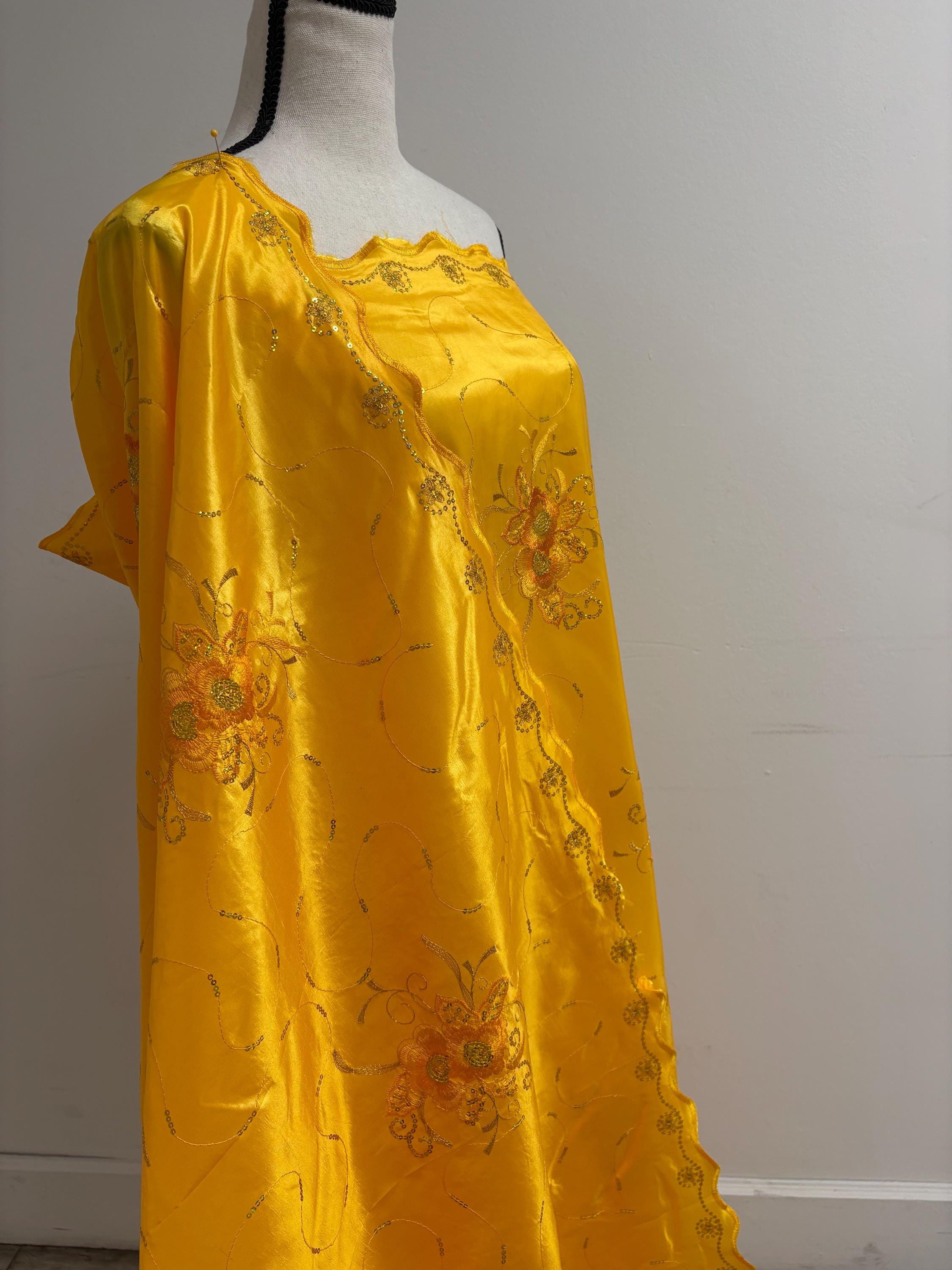 A 2 yards Embroidery sequins Taffeta Fabric design Bouquet, color Golden Yellow width 54". sell by 2 yards increment continues.