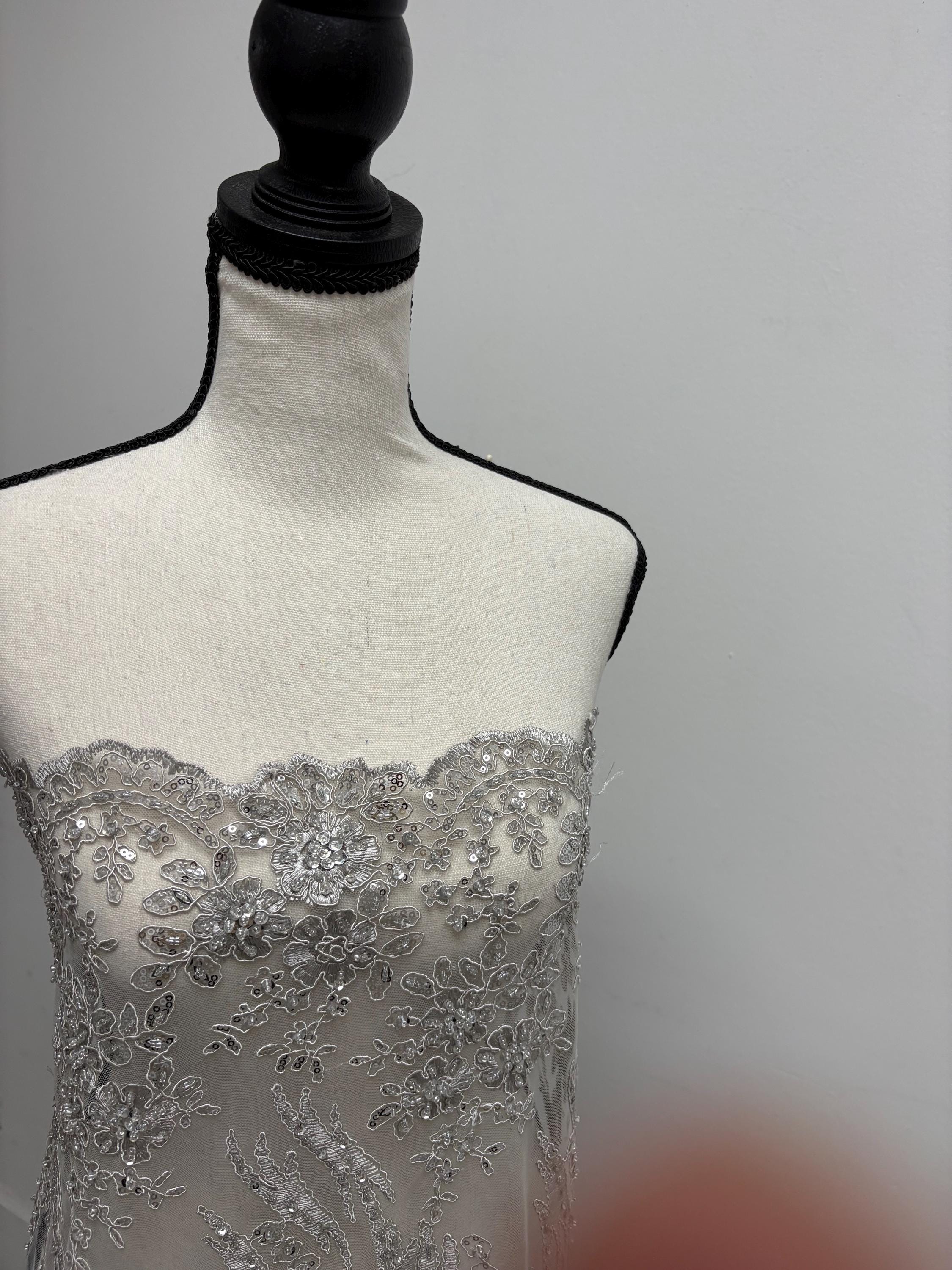 Silver Gray Beaded lace, Double scalloped Sequence Beaded Embroidery width 49/50" design MH-1803. free sample.