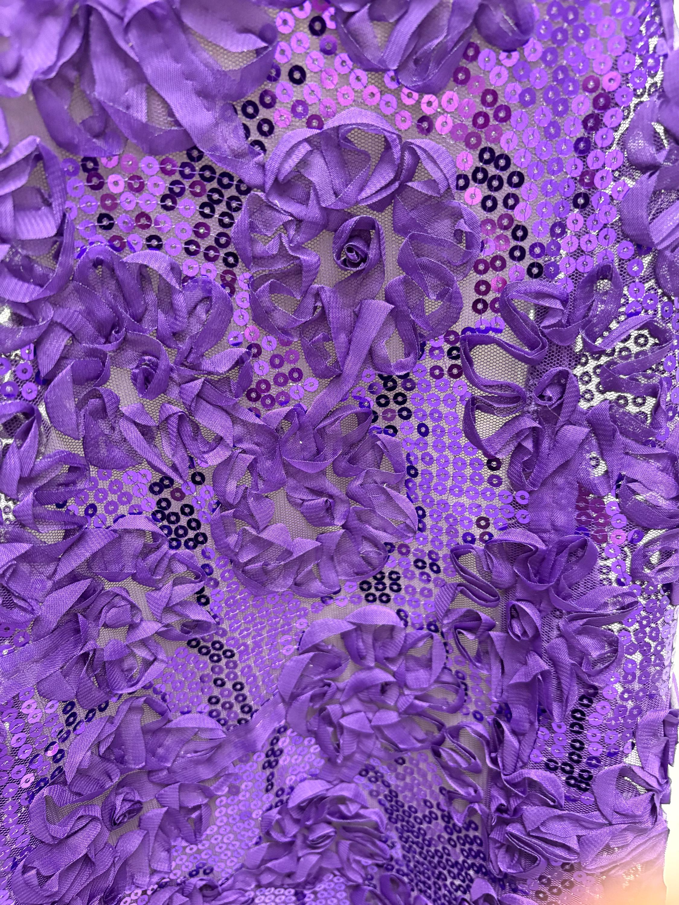 Purple Chiffon sequence ribbon on mesh fabric. Style Big flower JH-120322-9. plain mesh on both side.