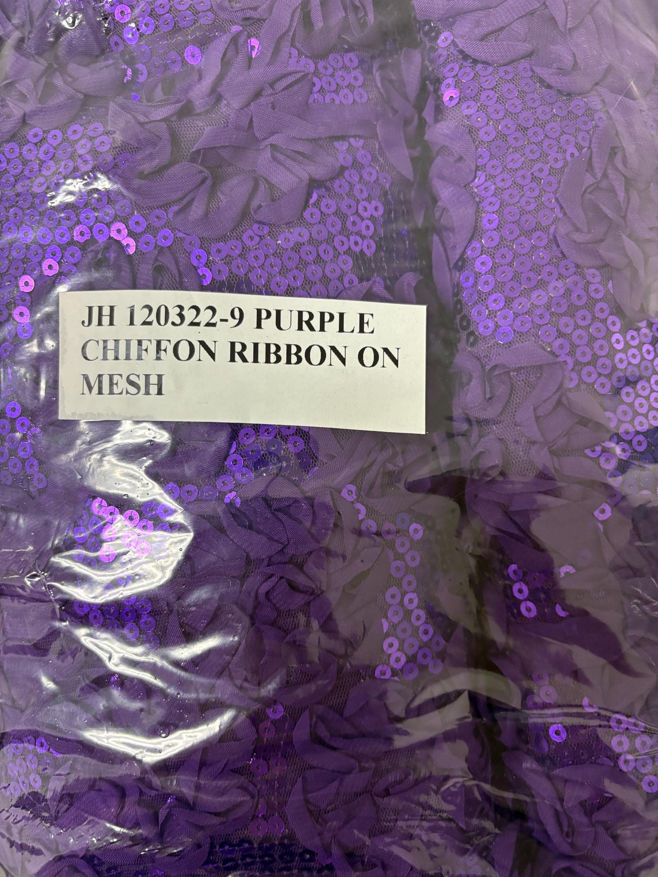 Purple Chiffon sequence ribbon on mesh fabric. Style Big flower JH-120322-9. plain mesh on both side.