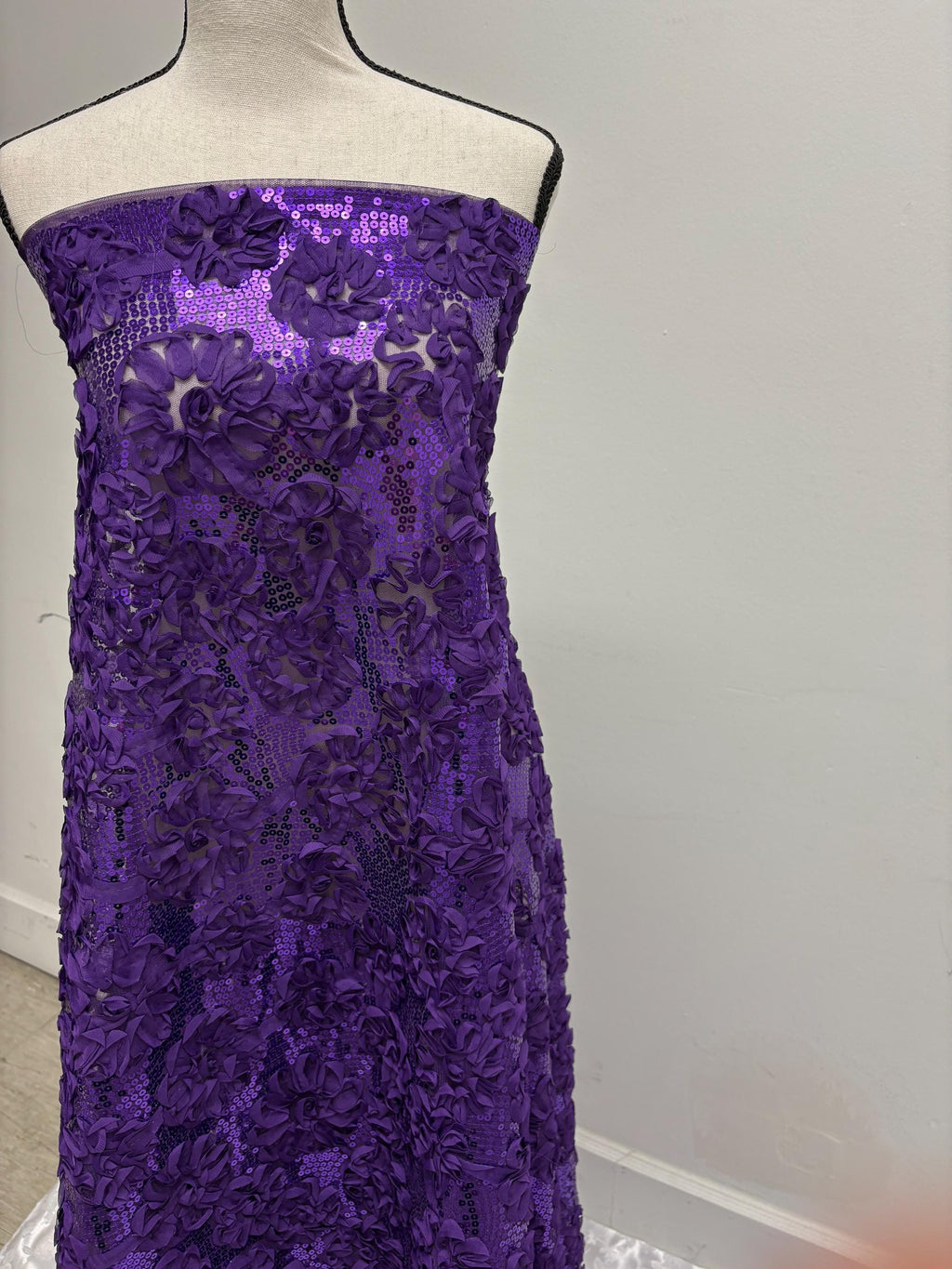 Purple Chiffon sequence ribbon on mesh fabric. Style Big flower JH-120322-9. plain mesh on both side.