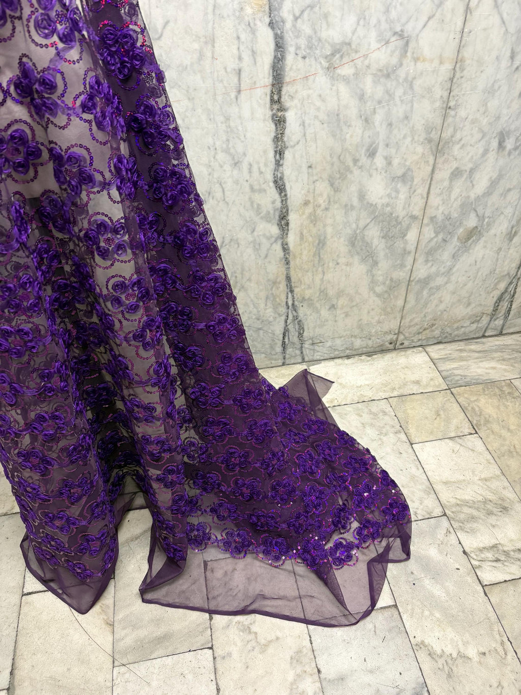 Plum chiffon embroidery sequence mesh fabric, design JH-120302-1. plain mesh on both side.