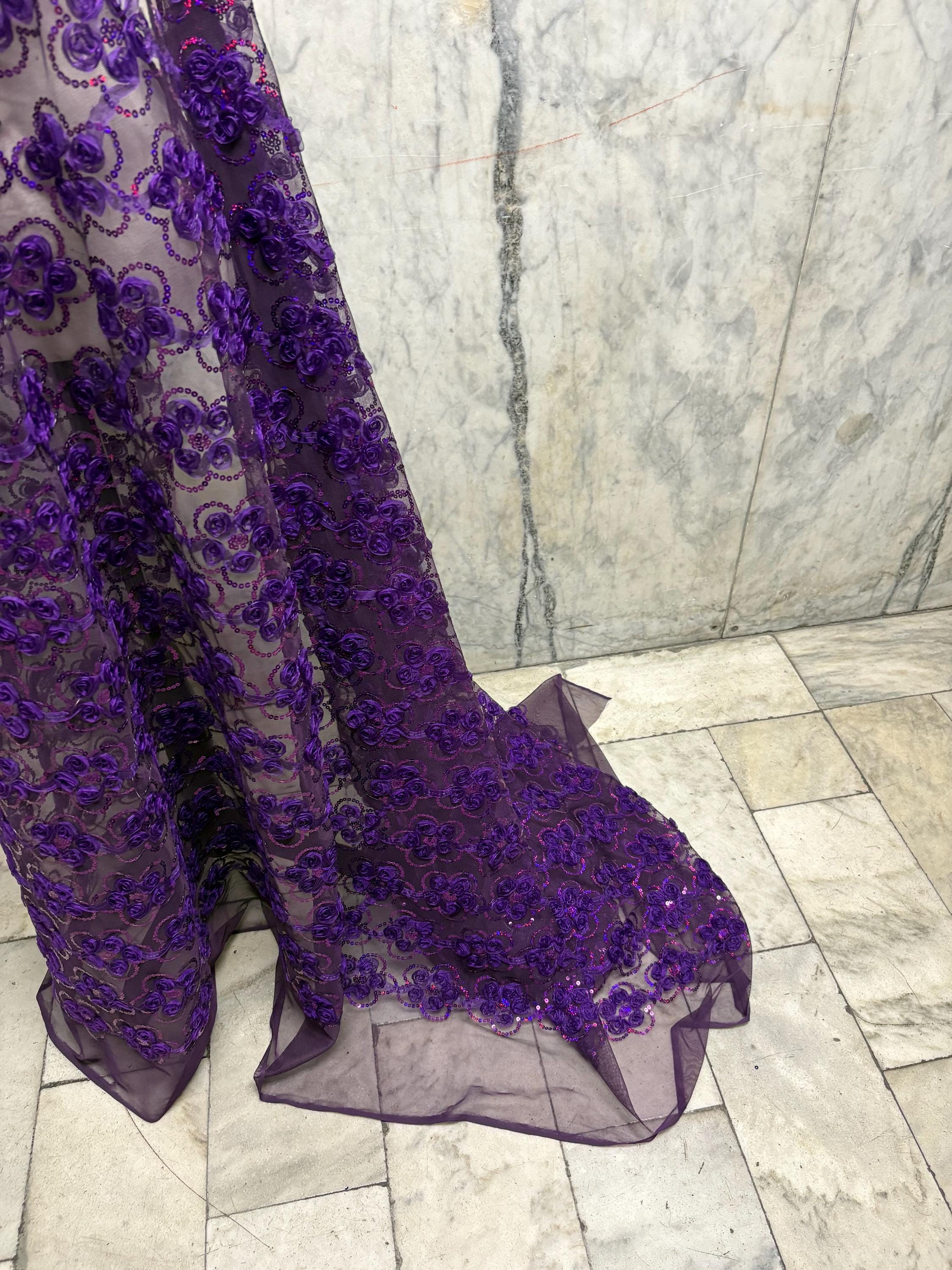 Plum chiffon embroidery sequence mesh fabric, design JH-120302-1. plain mesh on both side.