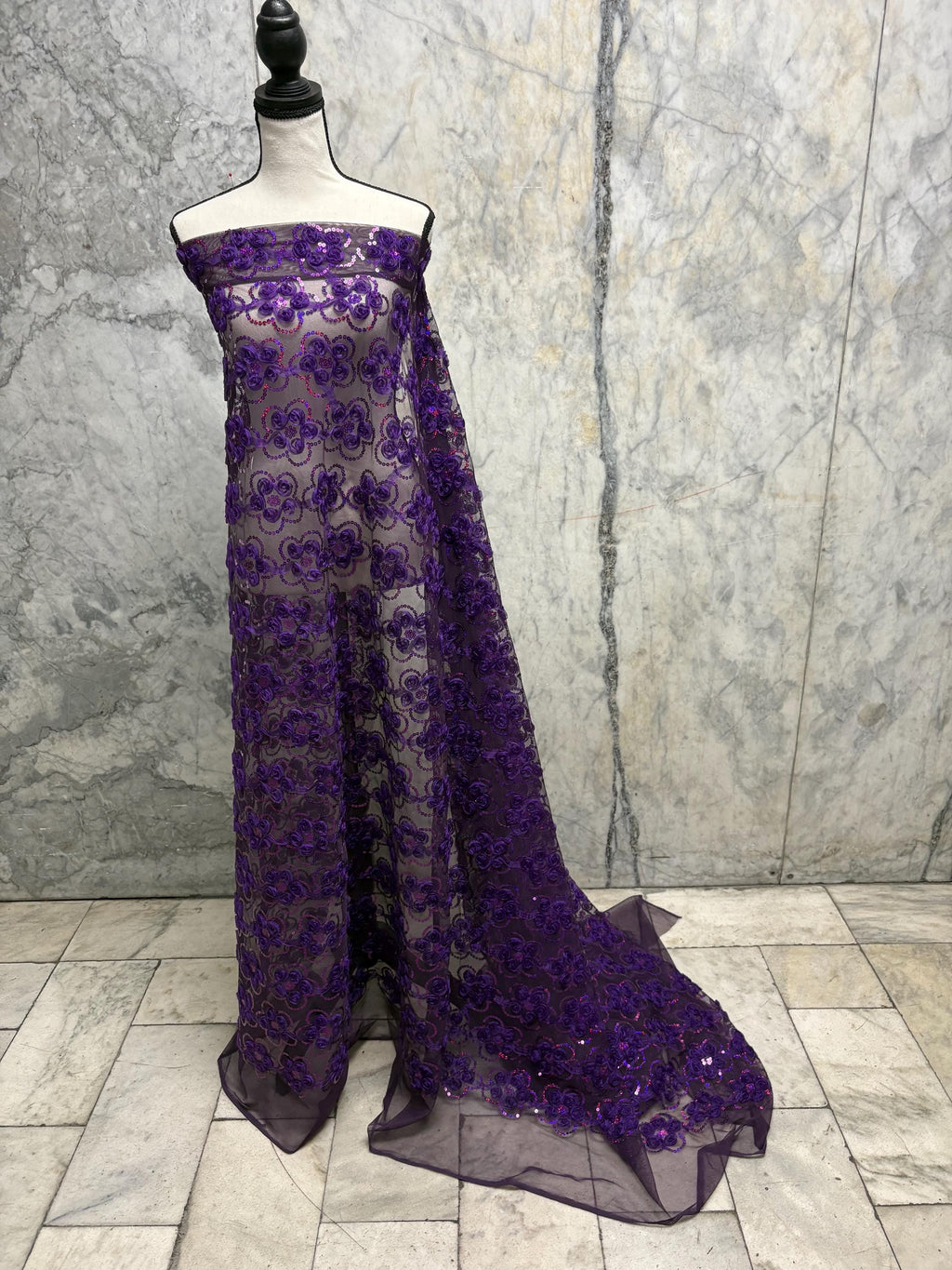 Plum chiffon embroidery sequence mesh fabric, design JH-120302-1. plain mesh on both side.