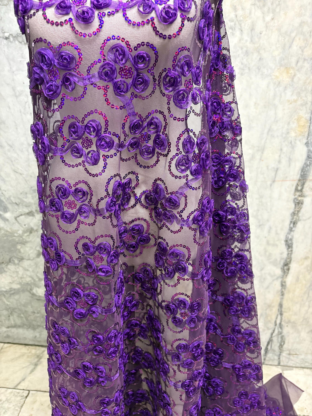 Plum chiffon embroidery sequence mesh fabric, design JH-120302-1. plain mesh on both side.