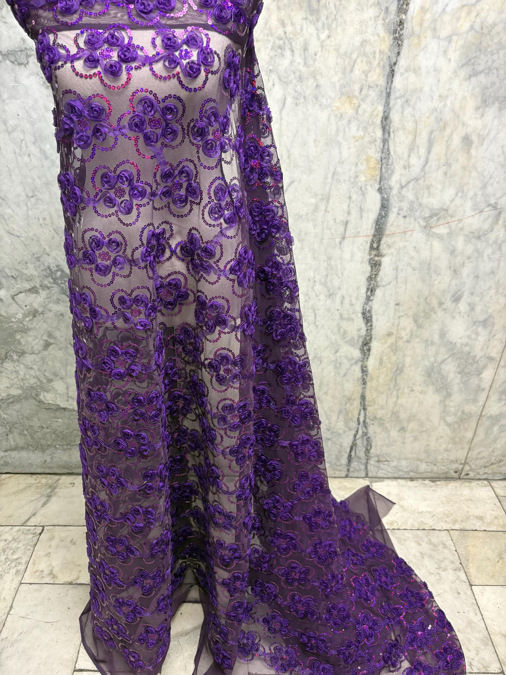 Plum chiffon embroidery sequence mesh fabric, design JH-120302-1. plain mesh on both side.