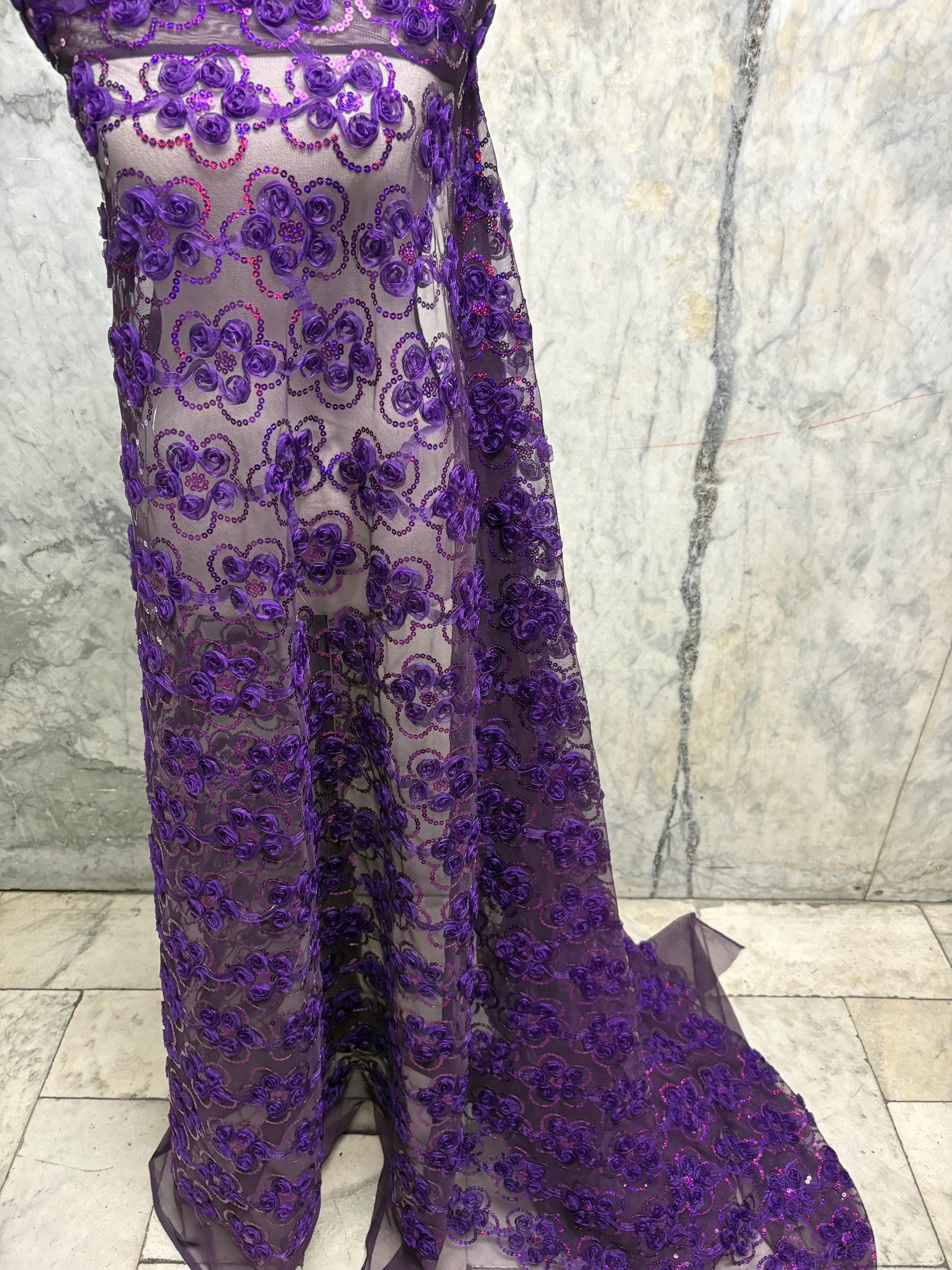 Plum chiffon embroidery sequence mesh fabric, design JH-120302-1. plain mesh on both side.