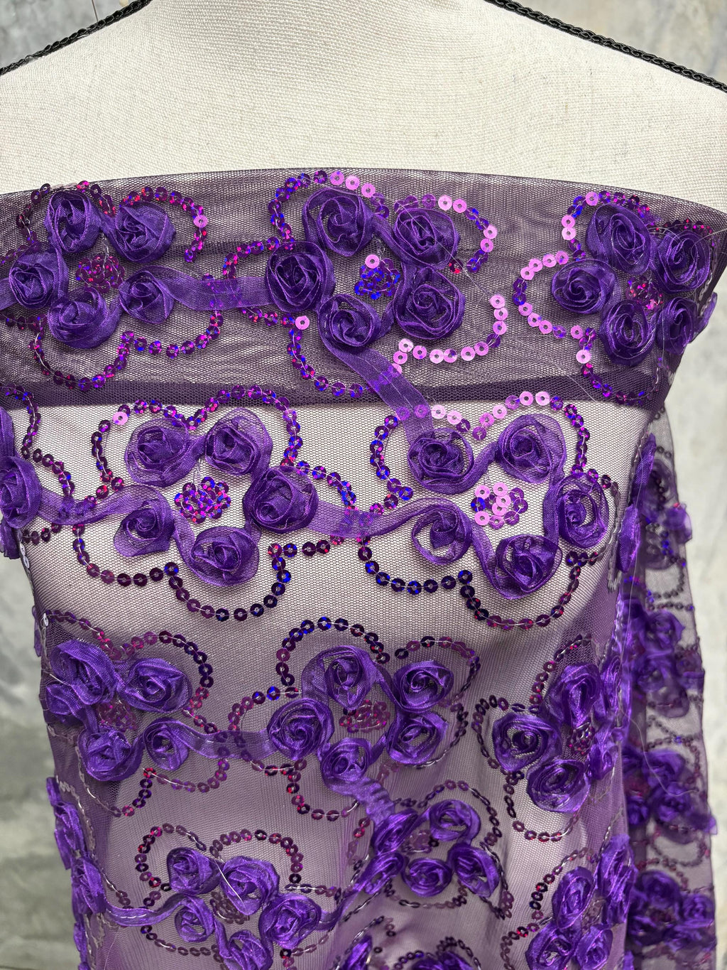 Plum chiffon embroidery sequence mesh fabric, design JH-120302-1. plain mesh on both side.