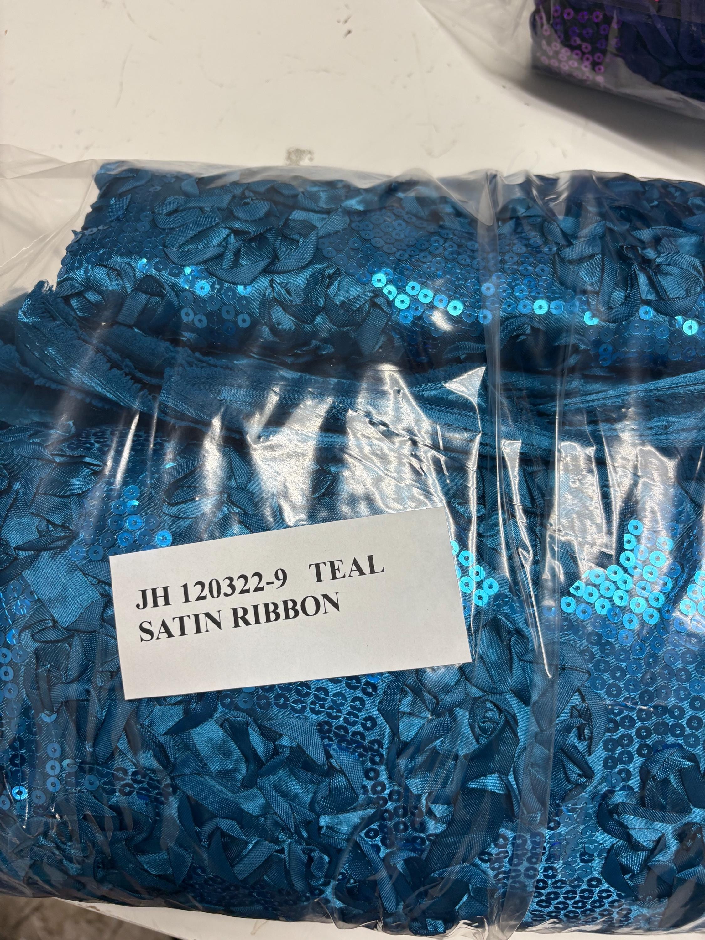 Teal satin ribbon embroidery with sequence fabric design JH-120322-9. plain satin on both side.
