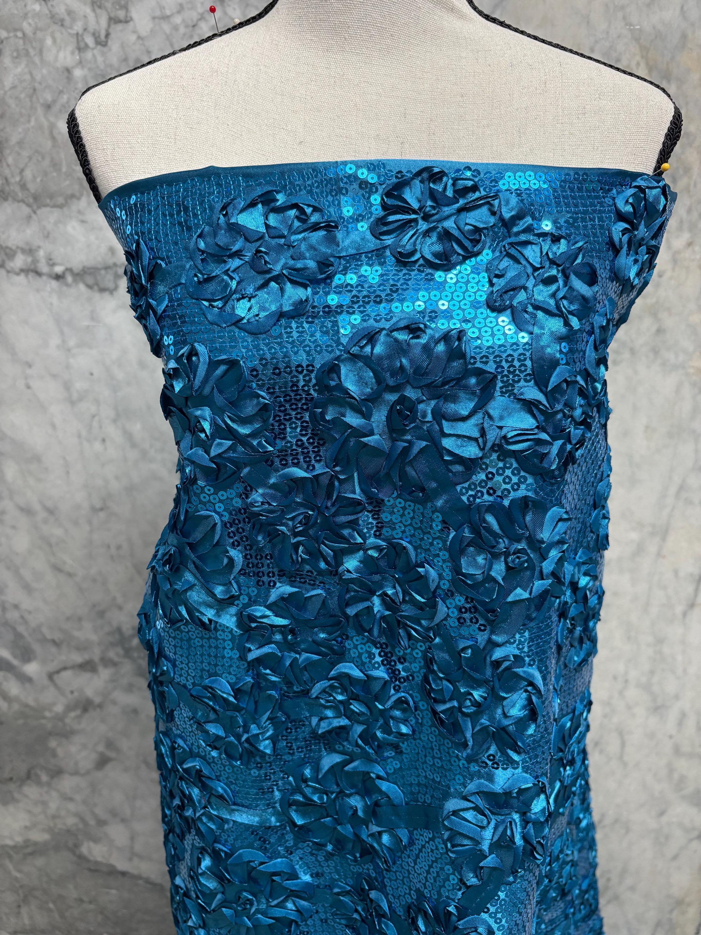 Teal satin ribbon embroidery with sequence fabric design JH-120322-9. plain satin on both side.