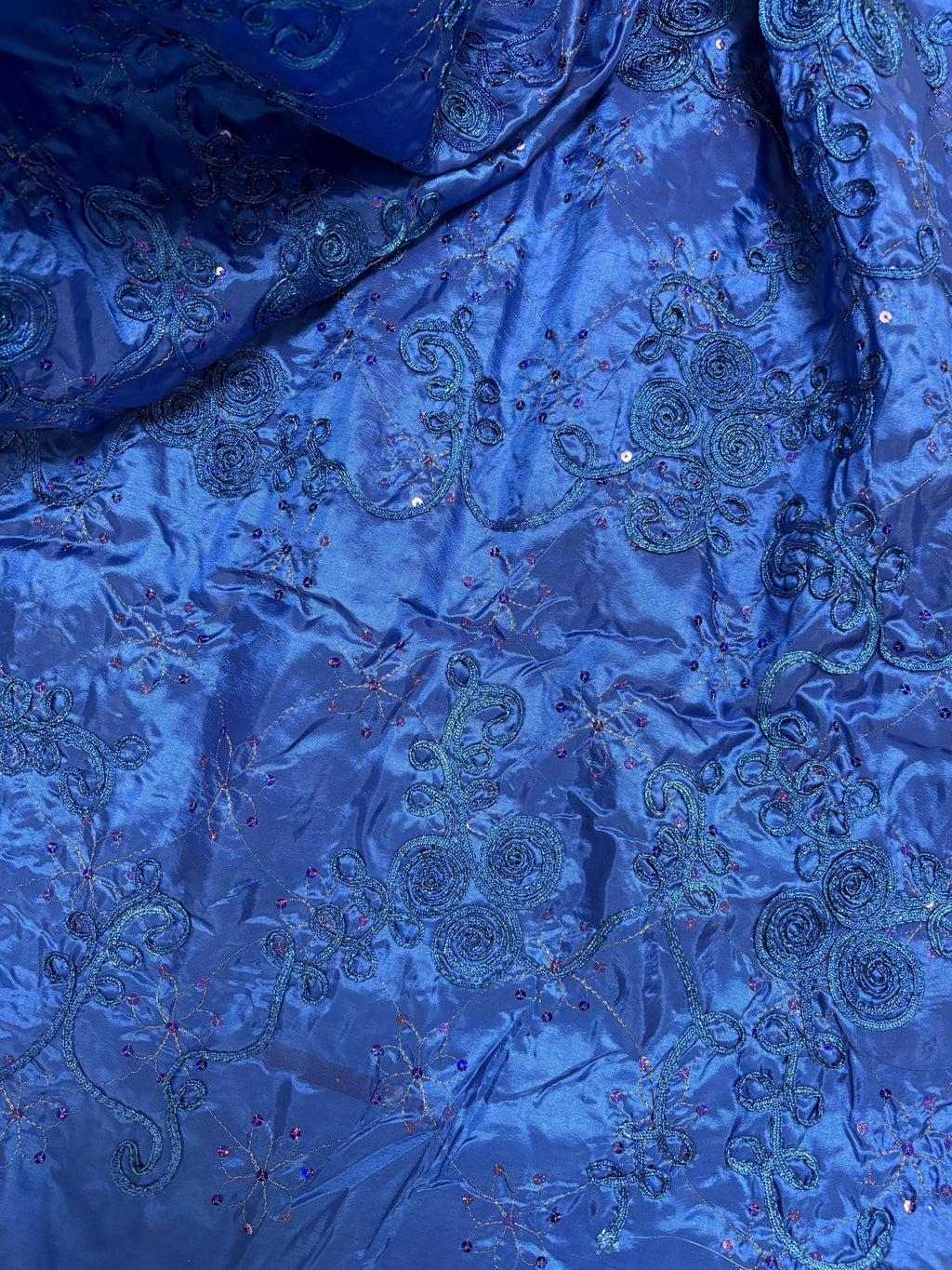 A 2 yards Embroidery sequins Taffeta Fabric, Design Rope, color Royal Blue width 54". sell by 2 yards increment continues.