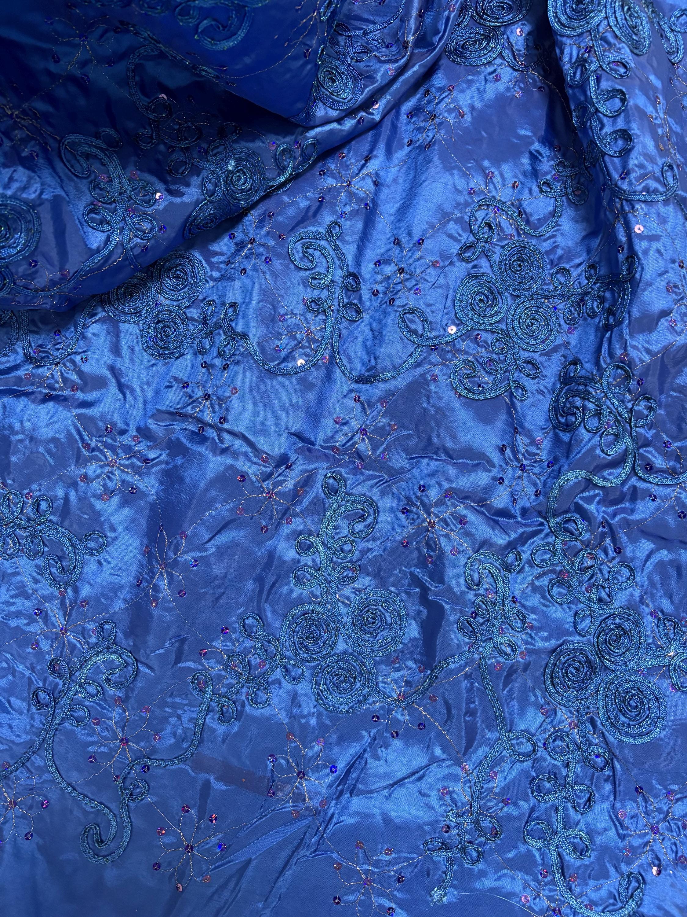 A 2 yards Embroidery sequins Taffeta Fabric, Design Rope, color Royal Blue width 54". sell by 2 yards increment continues.