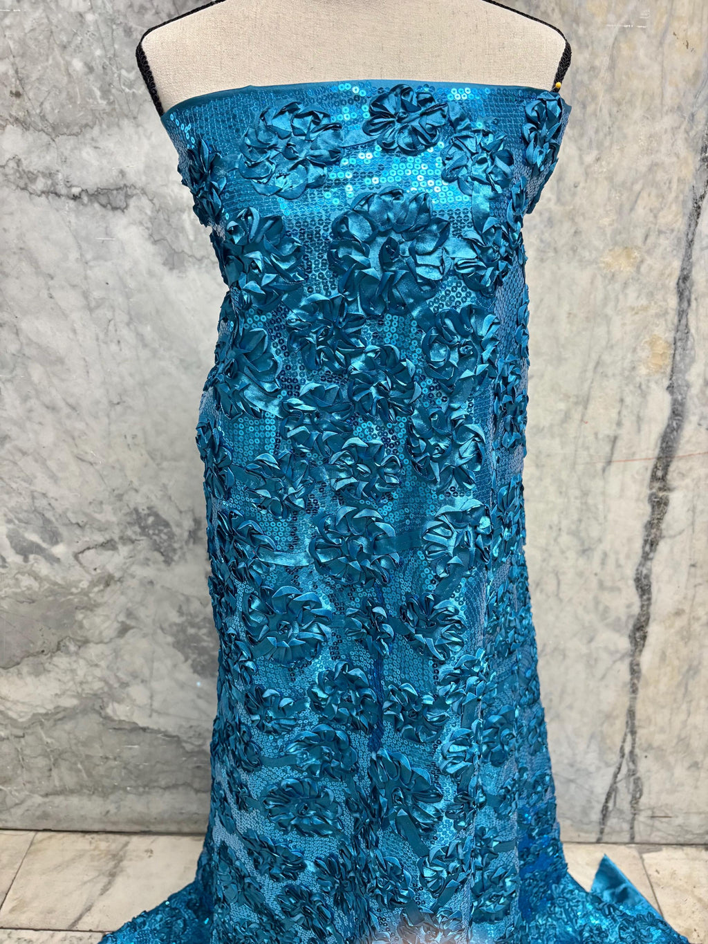 Teal satin ribbon embroidery with sequence fabric design JH-120322-9. plain satin on both side.