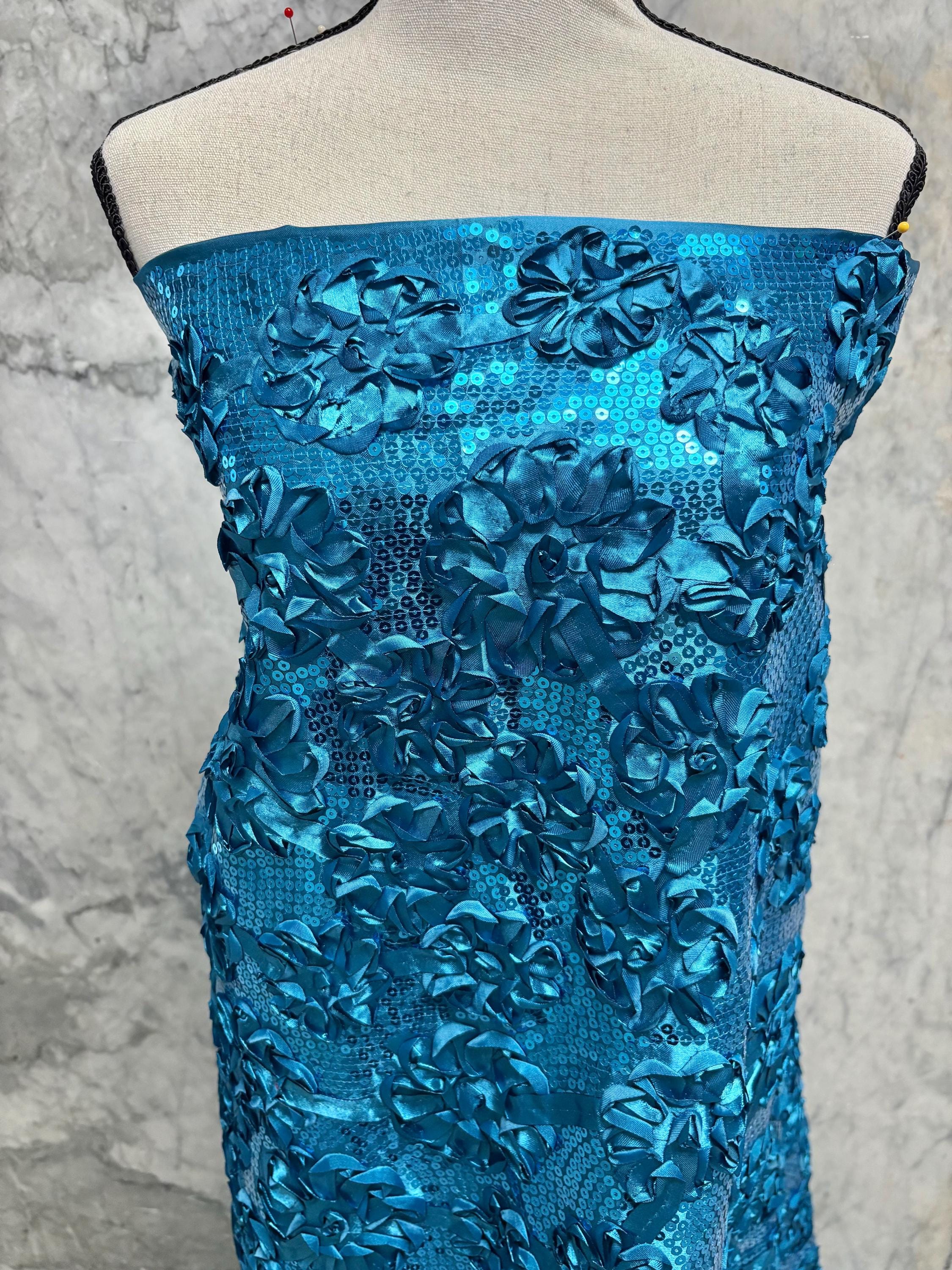 Teal satin ribbon embroidery with sequence fabric design JH-120322-9. plain satin on both side.