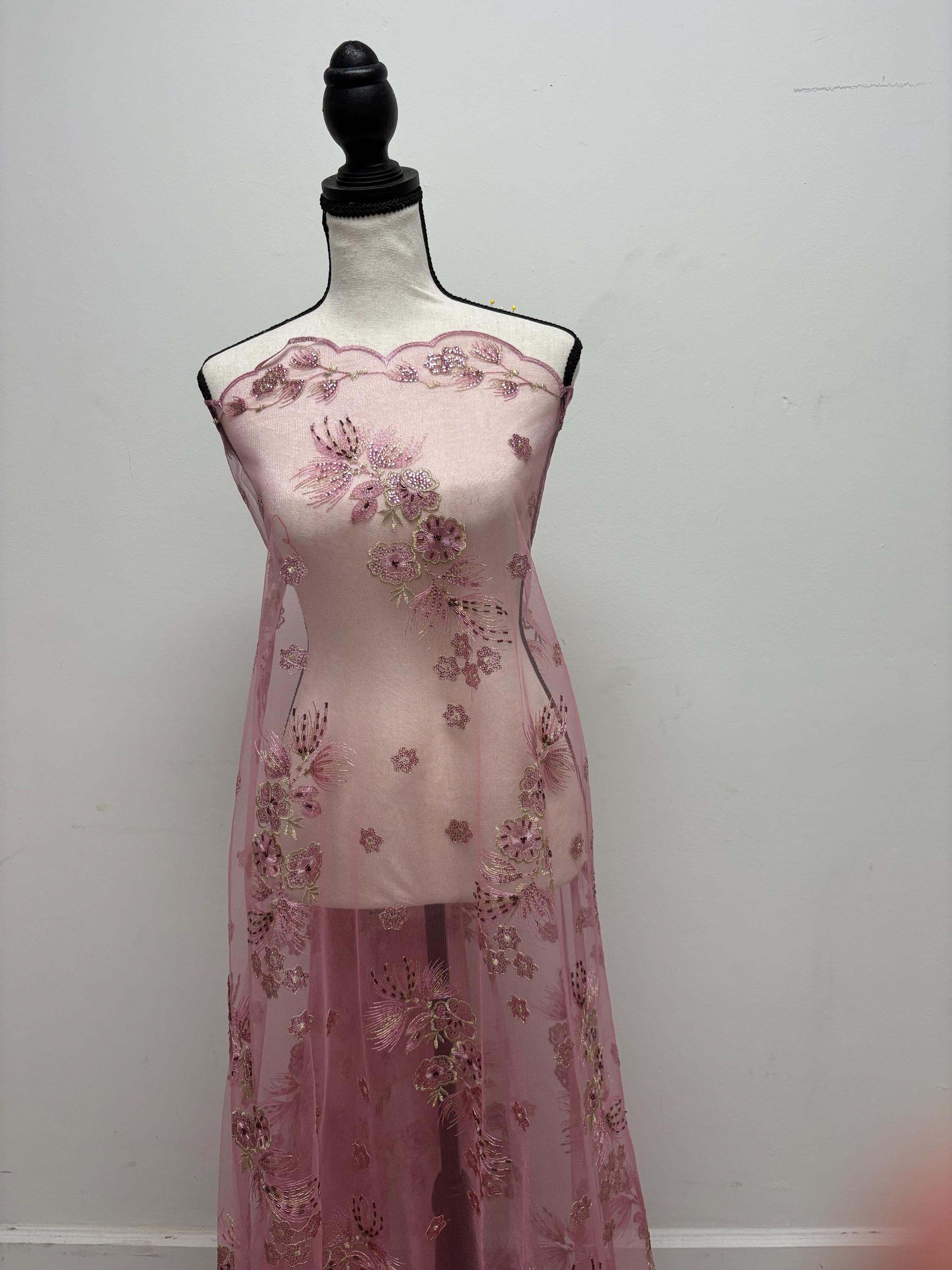 3-yard Dusty Rose -colored lace fabric design ZD08088, sequins, embroidery double scalloped edges. Width 49/50". sell by 3 yards increment.