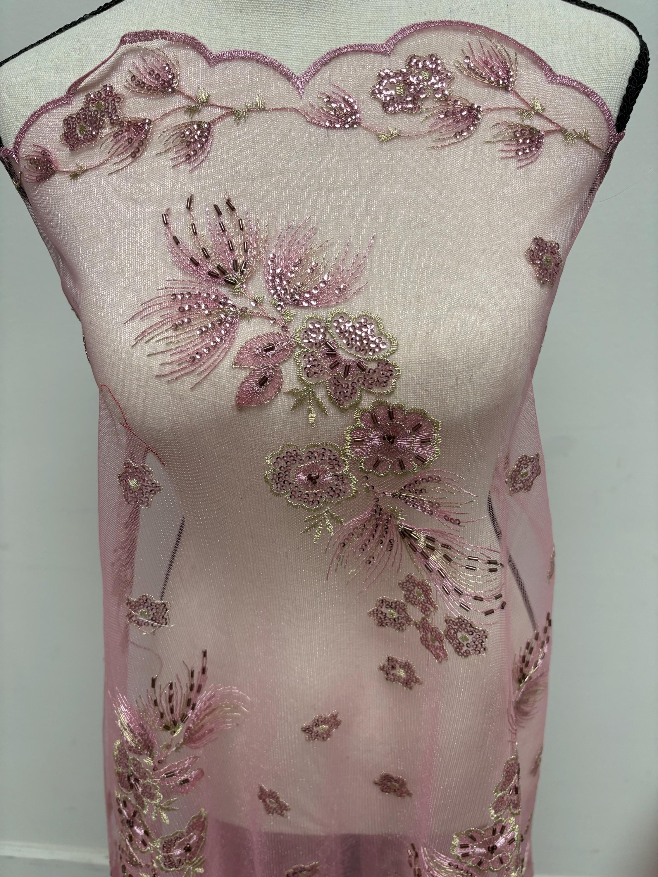 3-yard Dusty Rose -colored lace fabric design ZD08088, sequins, embroidery double scalloped edges. Width 49/50". sell by 3 yards increment.