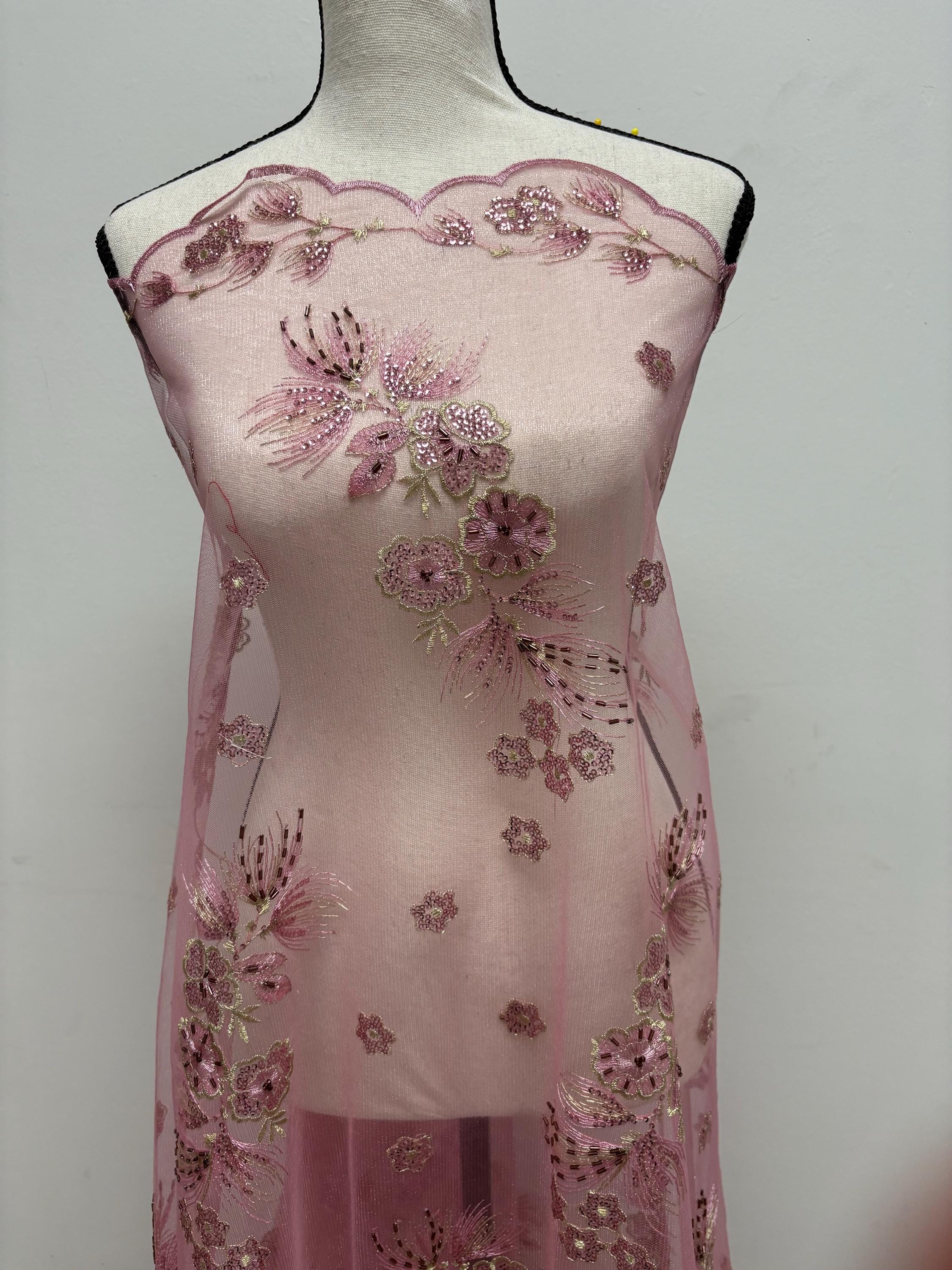 3-yard Dusty Rose -colored lace fabric design ZD08088, sequins, embroidery double scalloped edges. Width 49/50". sell by 3 yards increment.