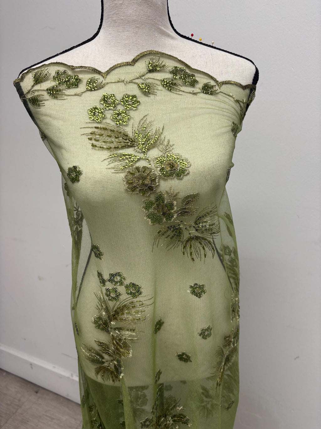 3-yard Olive-colored lace fabric design ZD08088, sequins, embroidery double scalloped edges. Width 49/50". sell by 3 yards increment.