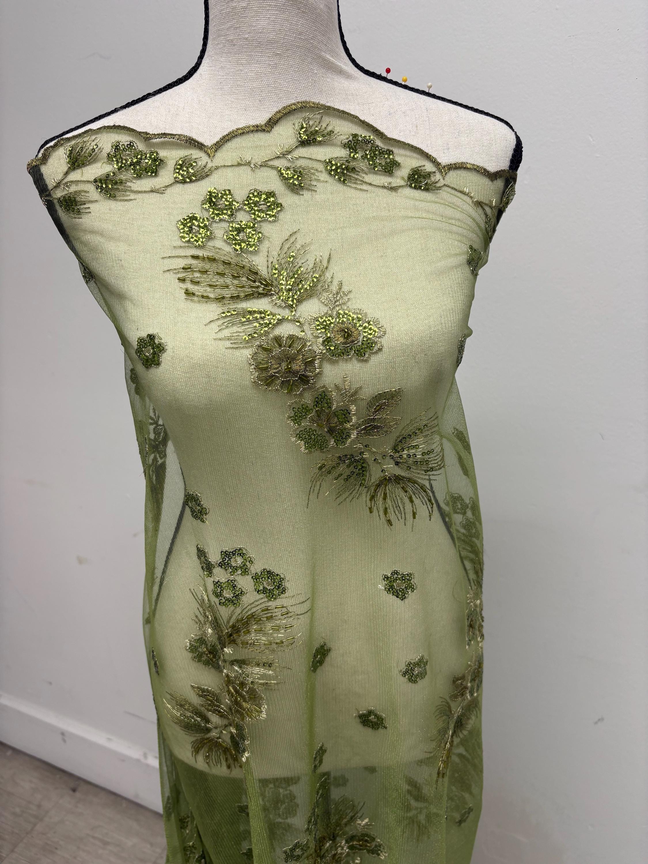 3-yard Olive-colored lace fabric design ZD08088, sequins, embroidery double scalloped edges. Width 49/50". sell by 3 yards increment.