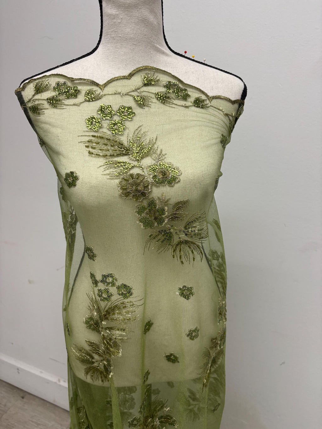 3-yard Olive-colored lace fabric design ZD08088, sequins, embroidery double scalloped edges. Width 49/50". sell by 3 yards increment.