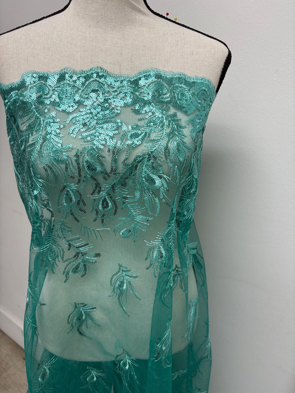 A 3-yard lace fabric design Peacock yx94-2, sequins, embroidery double scalloped edges. Width 49/50". sell by 3 yards increment continuous.