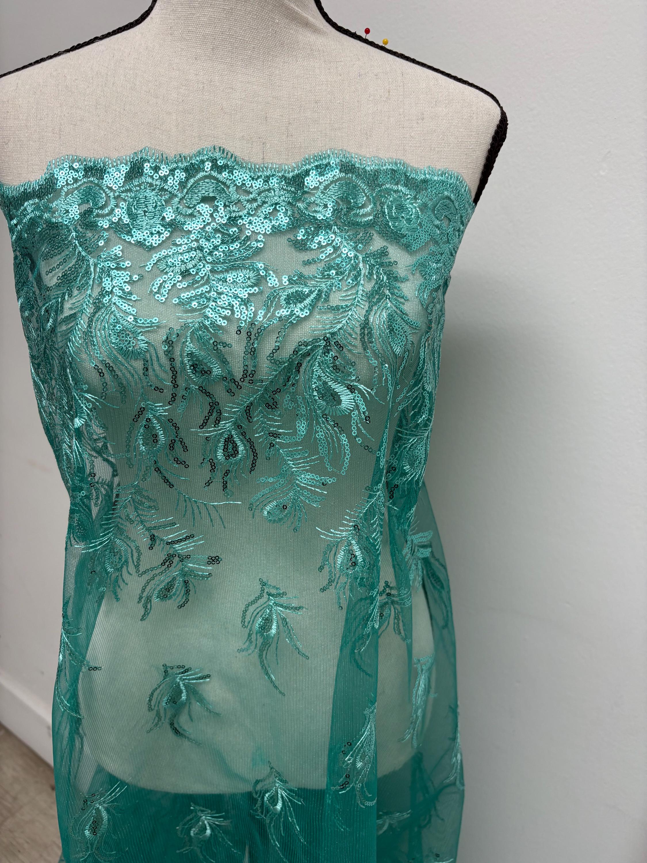 A 3-yard lace fabric design Peacock yx94-2, sequins, embroidery double scalloped edges. Width 49/50". sell by 3 yards increment continuous.
