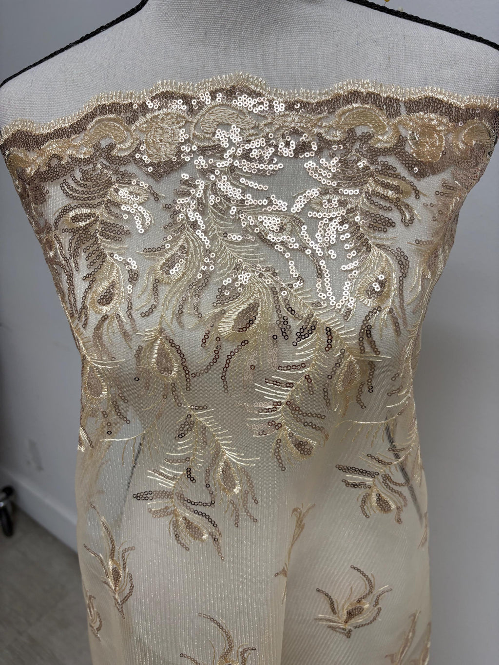 A 3-yard lace fabric design Peacock yx94-2, sequins, embroidery double scalloped edges. Width 49/50". sell by 3 yards increment continuous.