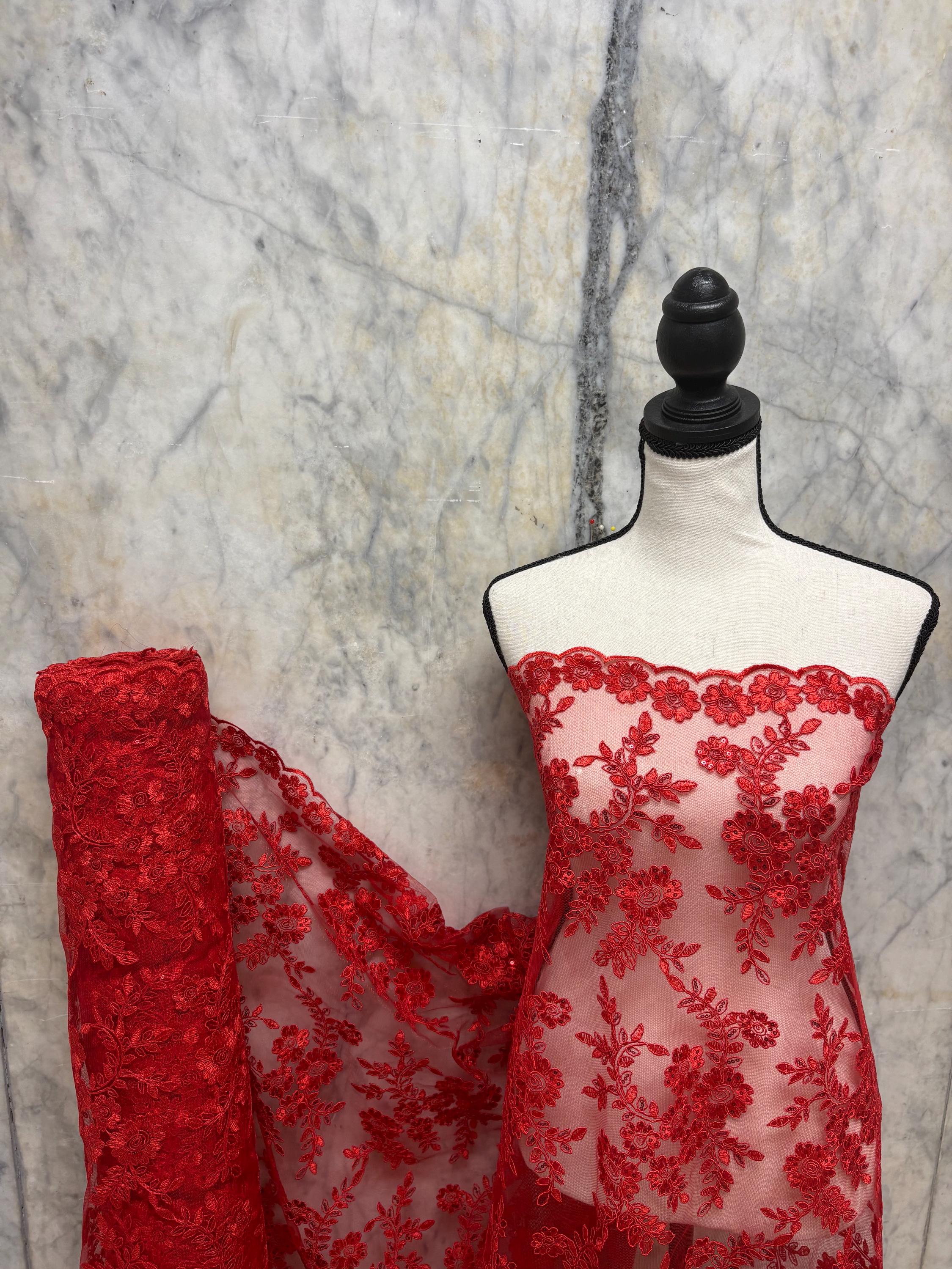 Red Lace fabric design bloom 6 width 49"