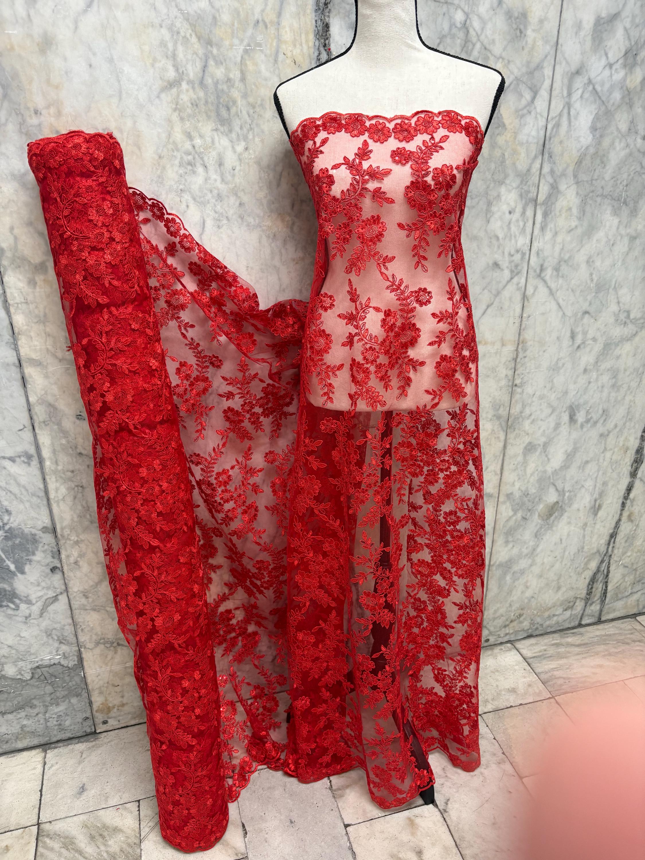 Red Lace fabric design bloom 6 width 49"