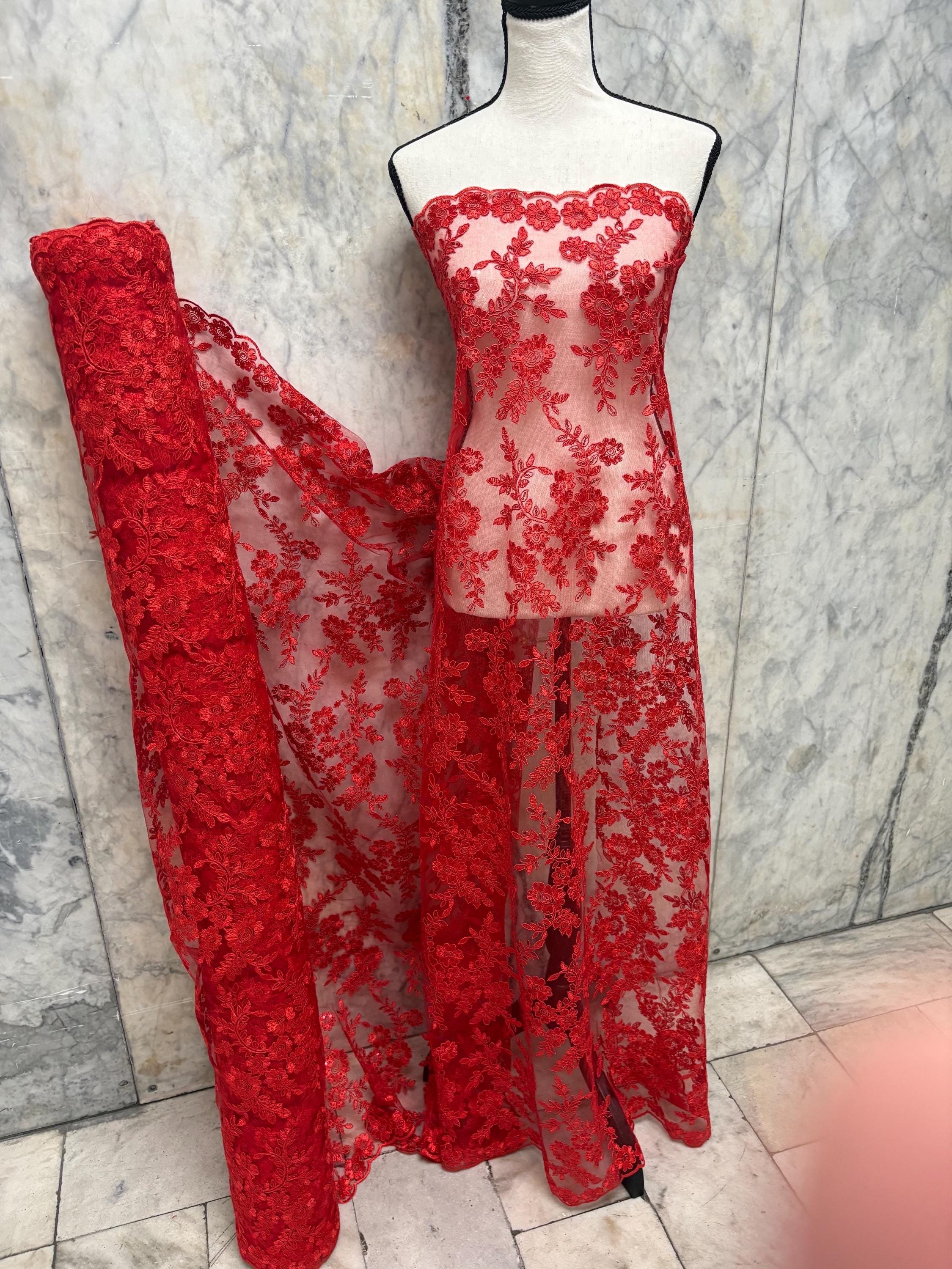 Red Lace fabric design bloom 6 width 49"