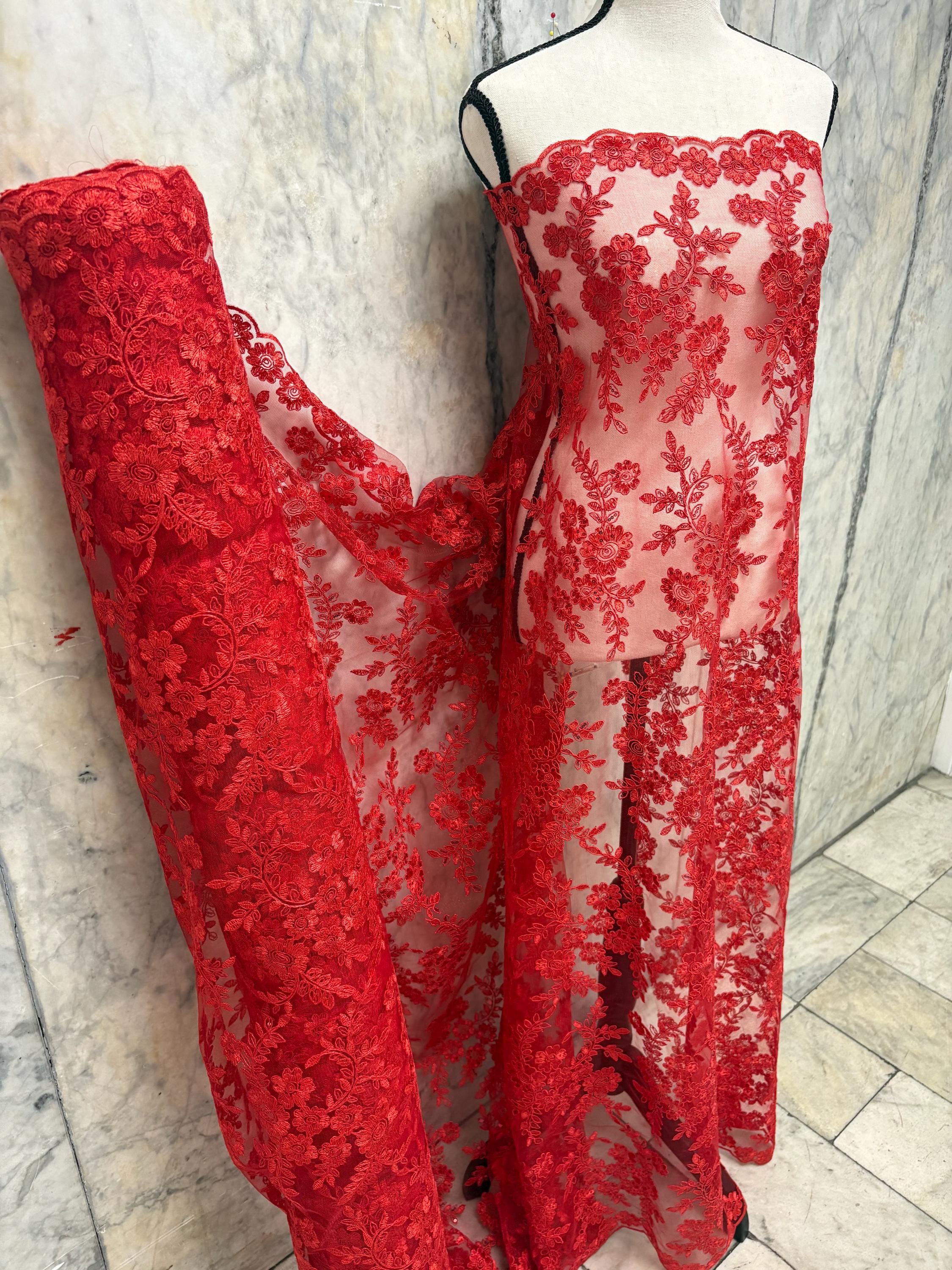 Red Lace fabric design bloom 6 width 49"