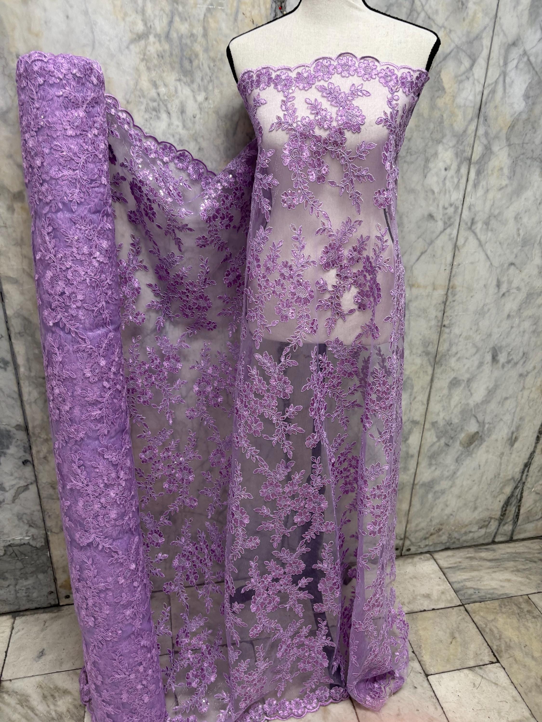 Lilac Lace fabric design bloom 6 width 49", Double scalloped embroidery sequence.